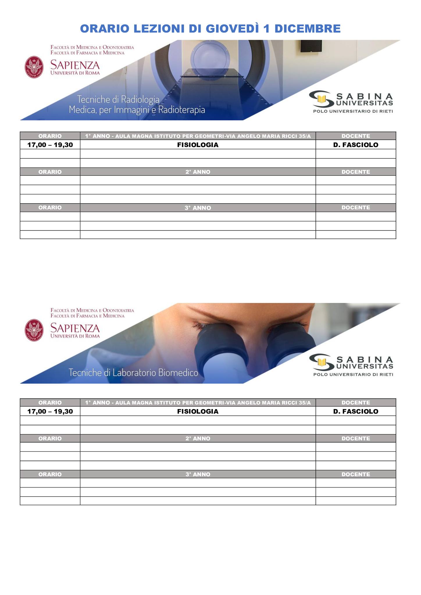 Professioni Sanitarie: orario lezioni di giovedì 1 dicembre