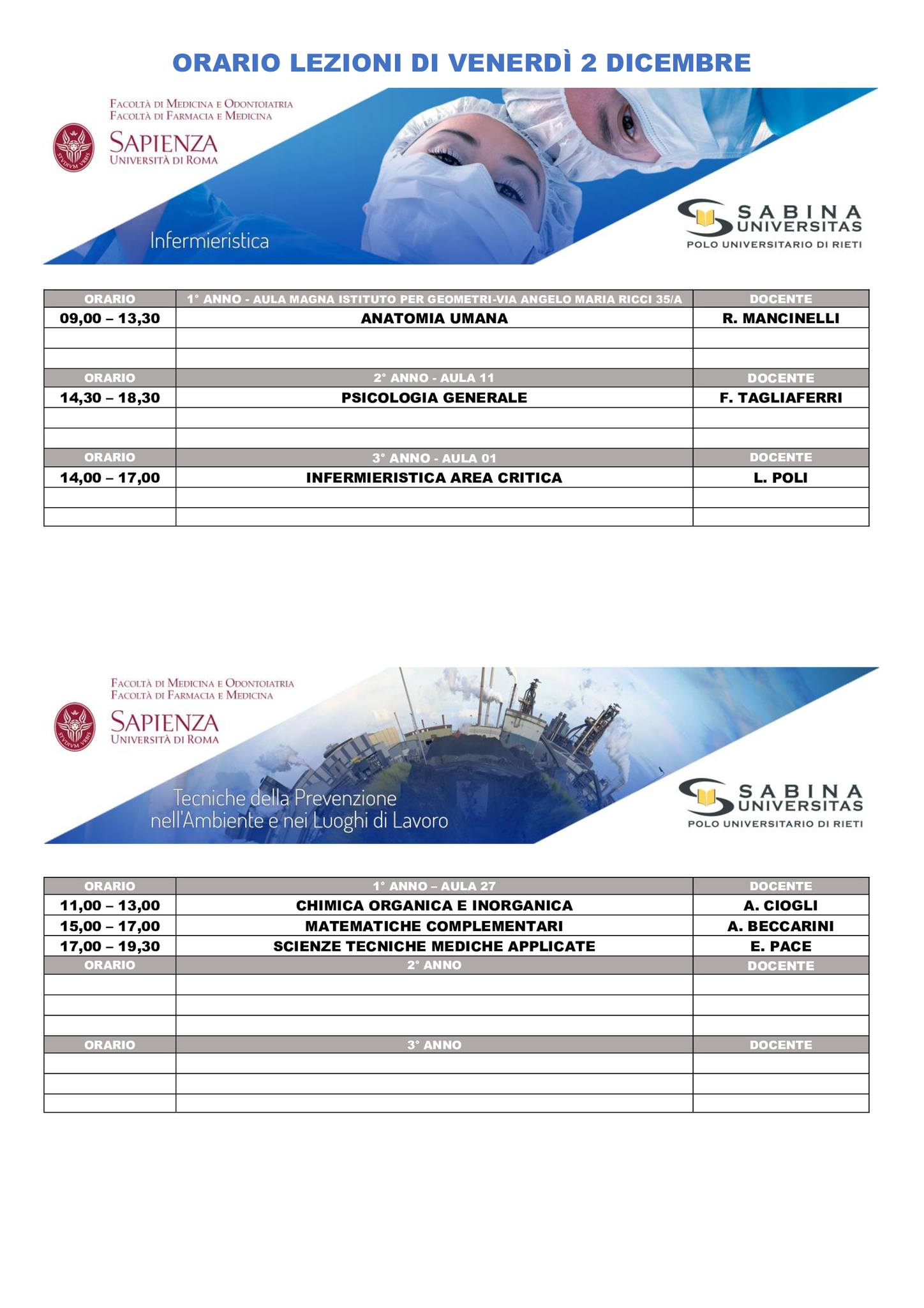 Professioni Sanitarie: orario lezioni di venerdì 2 dicembre