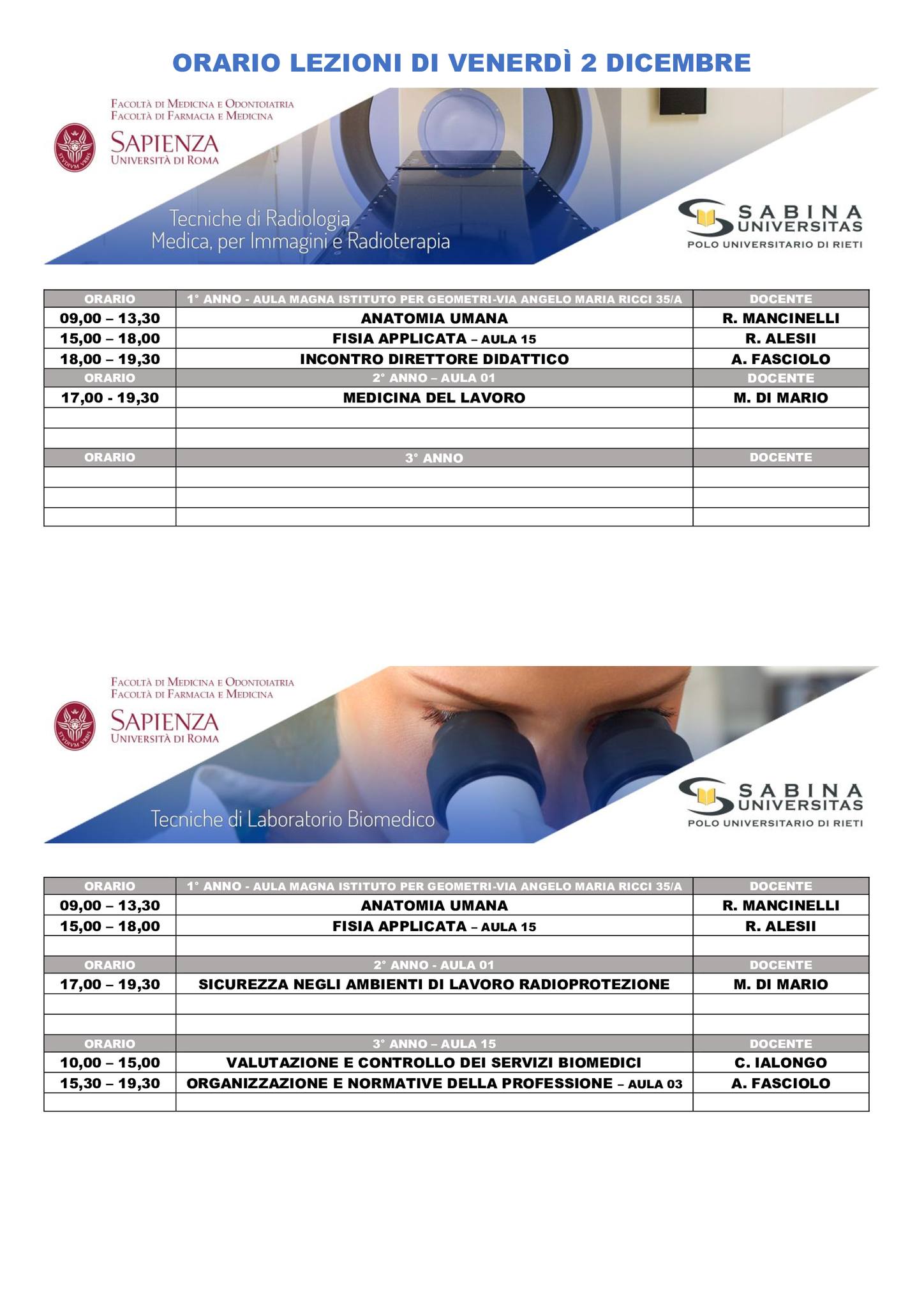 Professioni Sanitarie: orario lezioni di venerdì 2 dicembre