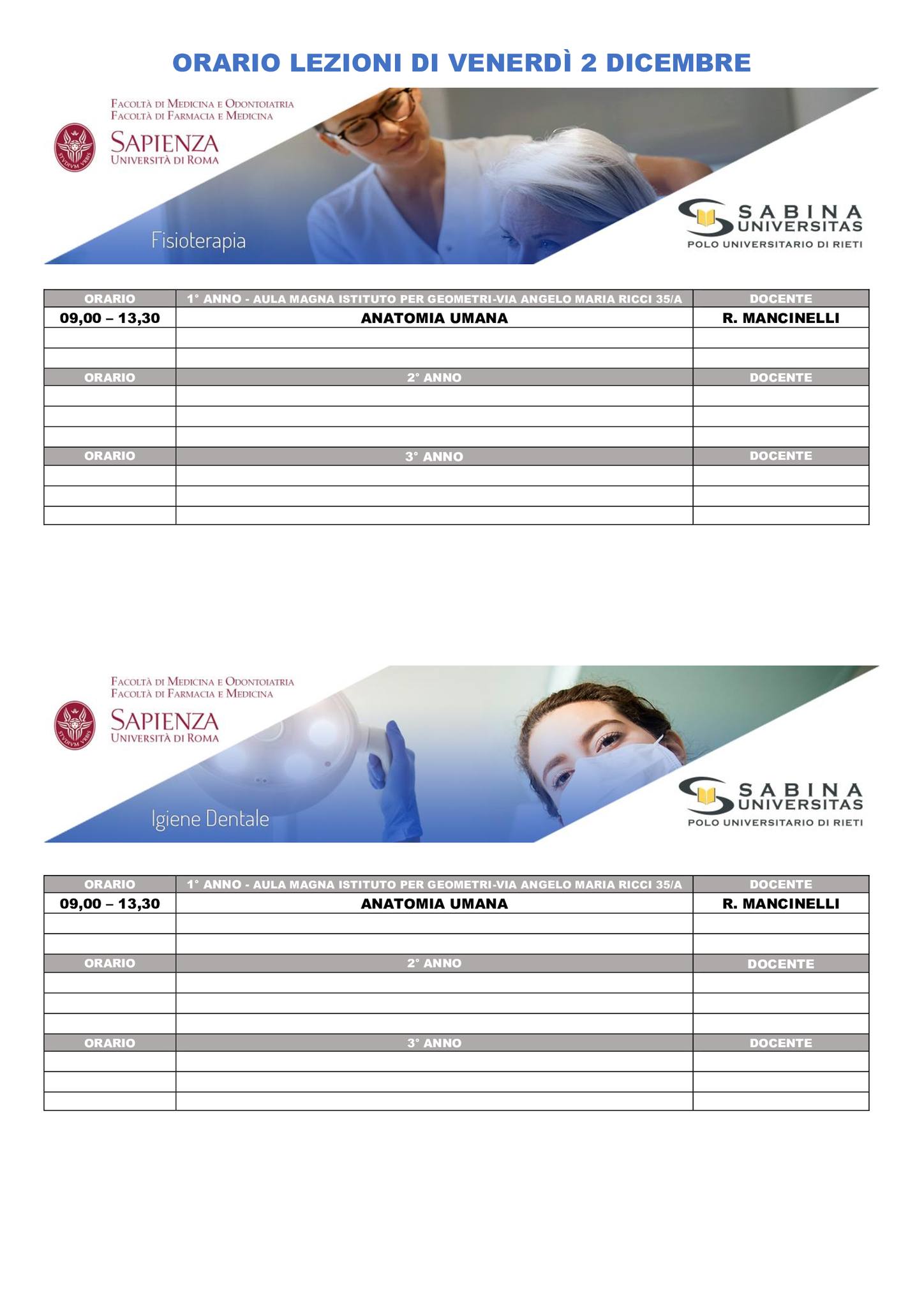 Professioni Sanitarie: orario lezioni di venerdì 2 dicembre