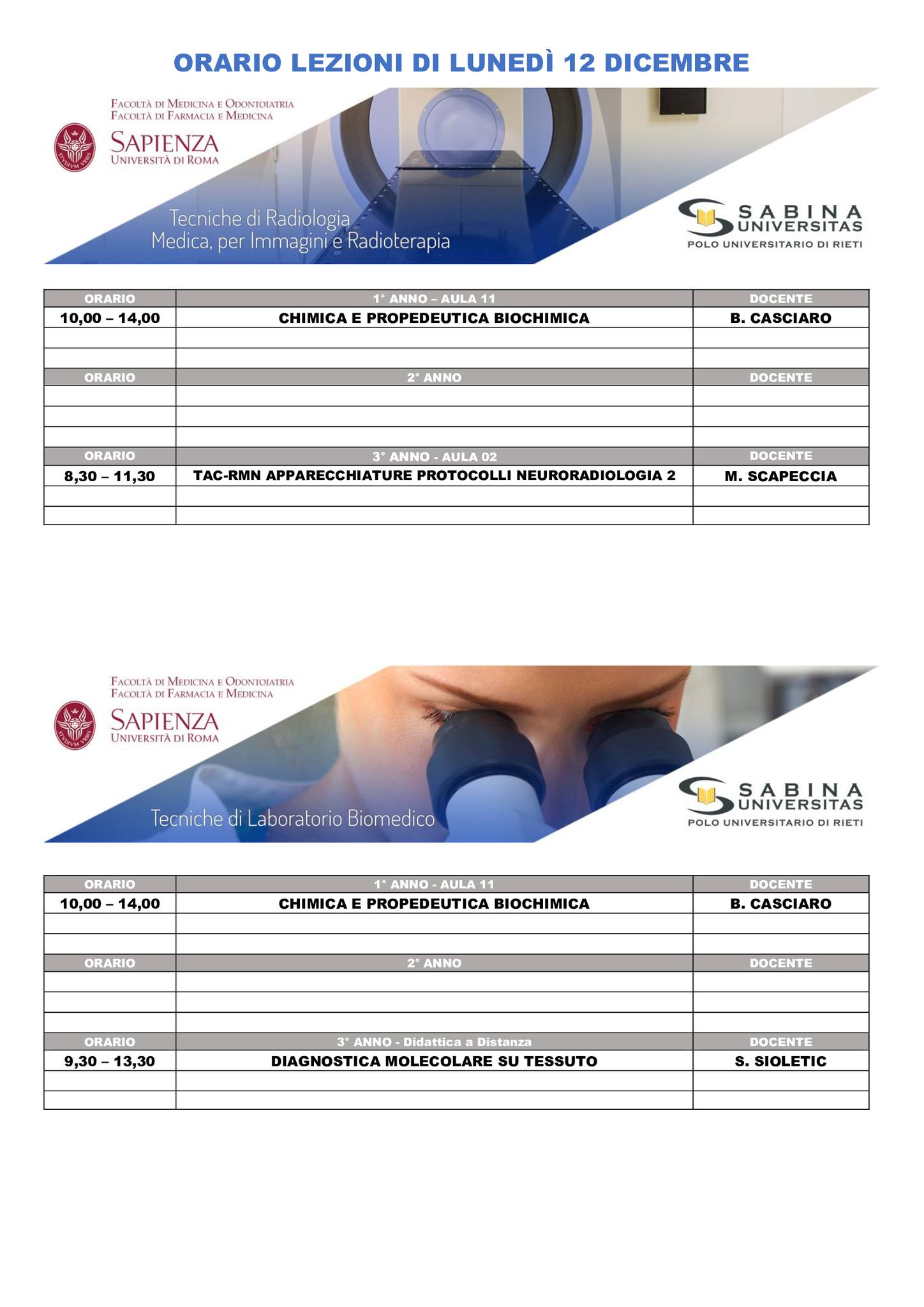 Professioni Sanitarie: orario lezioni di lunedì 12 dicembre