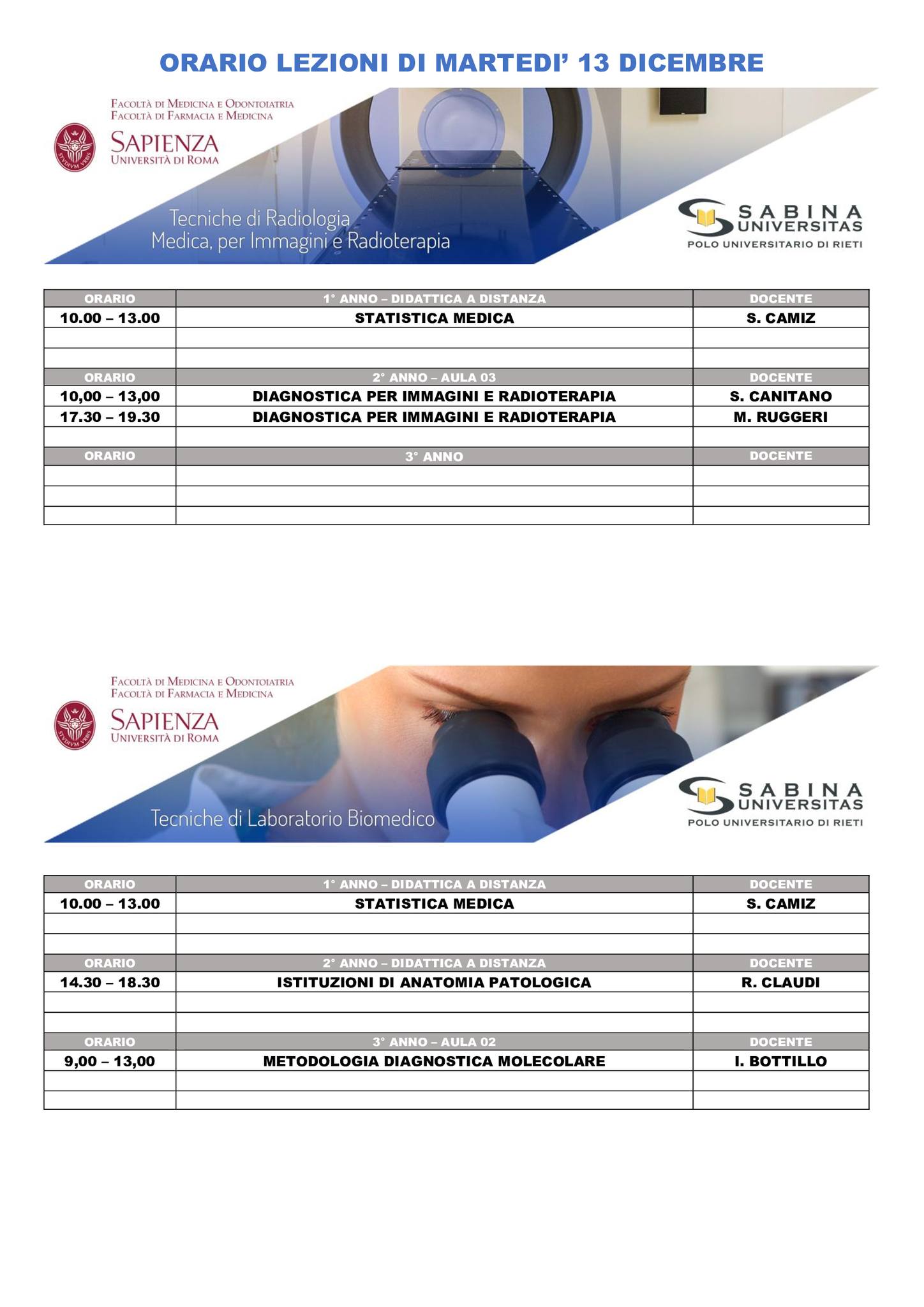 Professioni Sanitarie: orario lezioni di martedì 13 dicembre