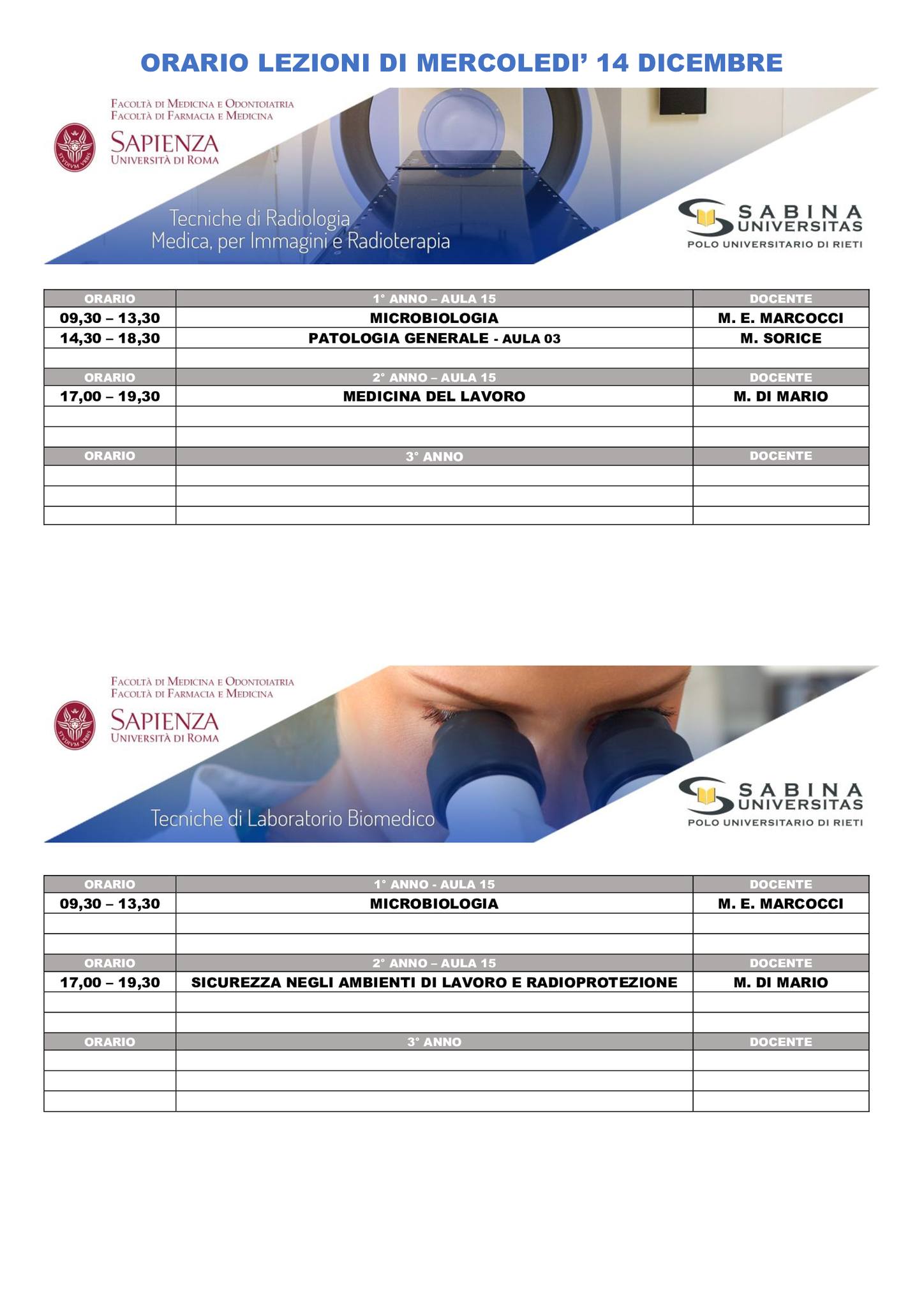 Professioni Sanitarie: orario lezioni di mercoledì 14 dicembre