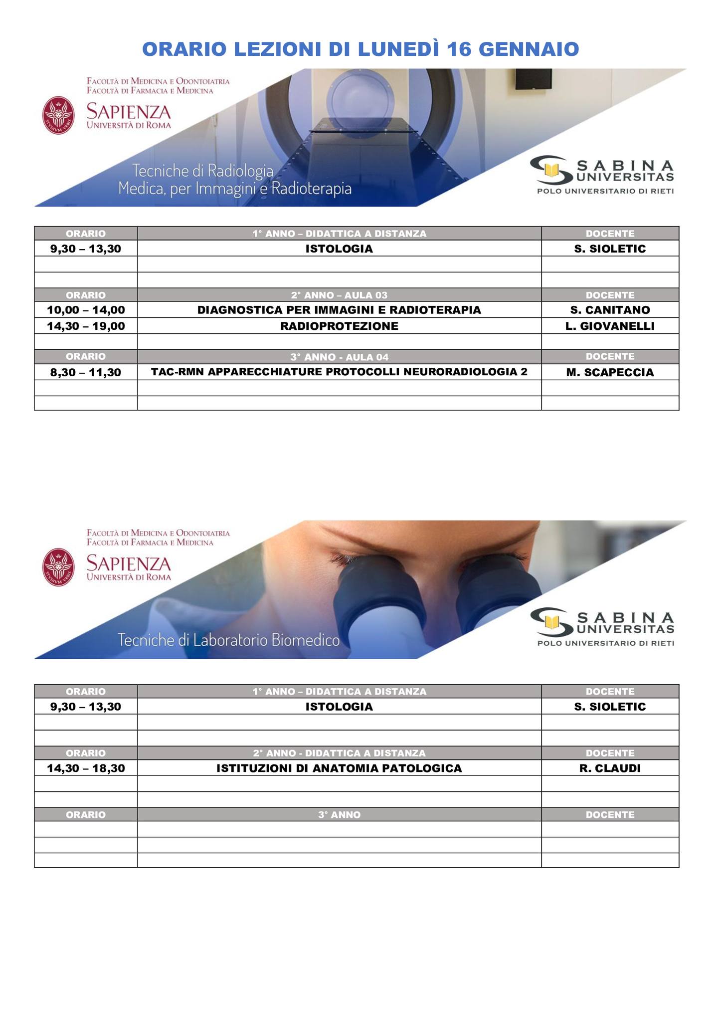 Professioni Sanitarie: orario lezioni di lunedì 16 gennaio