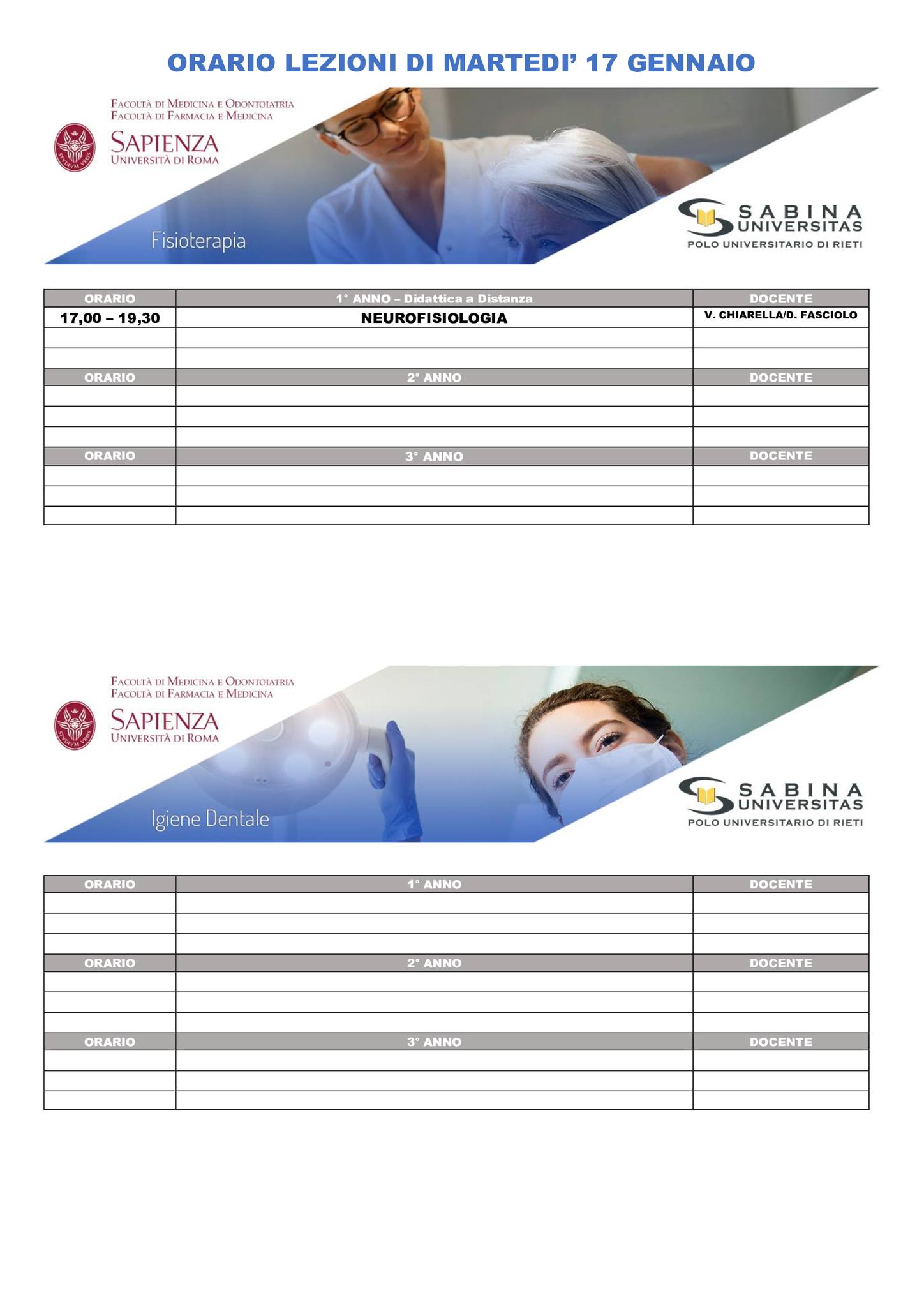 Professioni Sanitarie: orario lezioni di martedì 17 gennaio