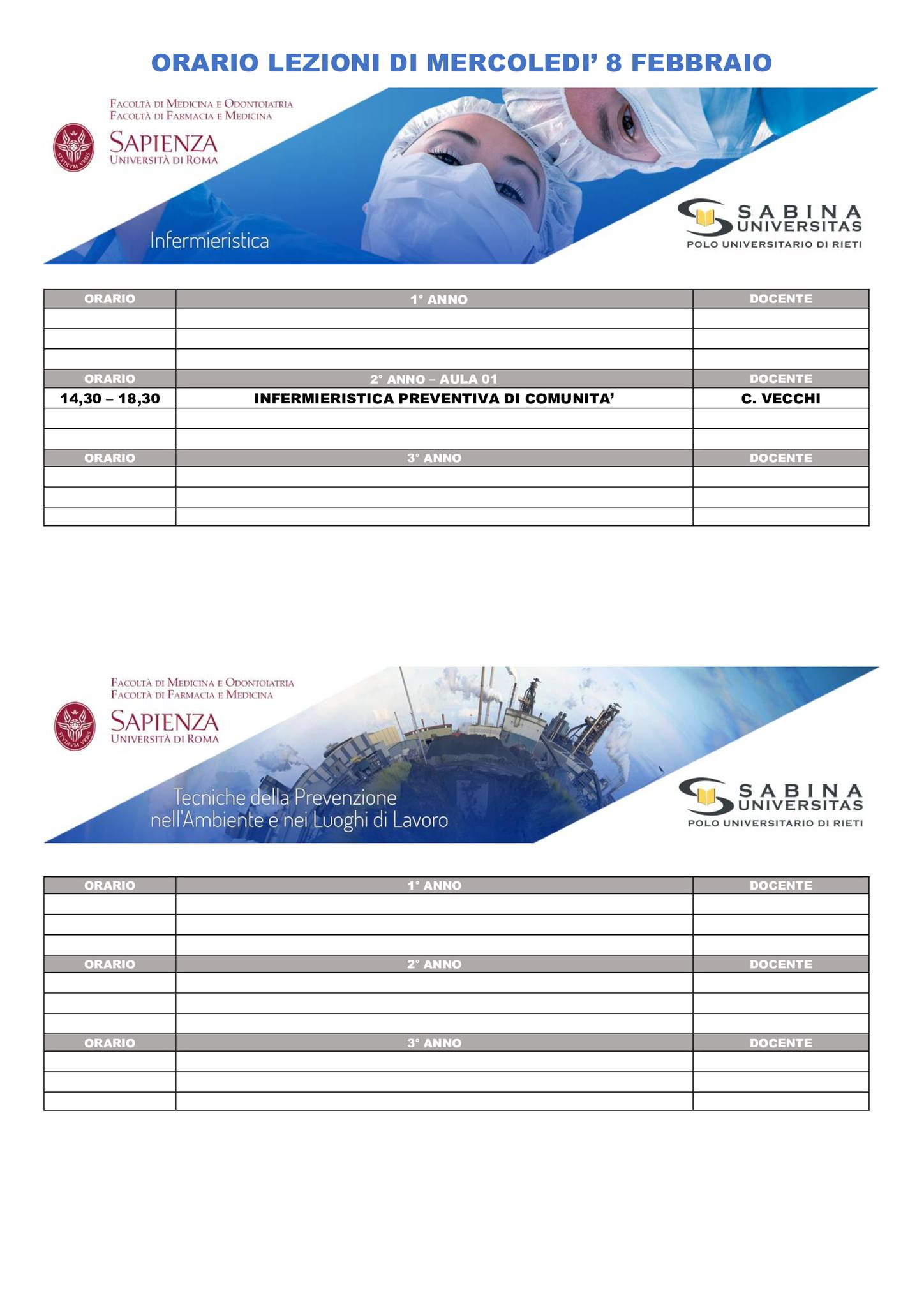 Professioni Sanitarie: orario lezioni di mercoledì 8 febbraio