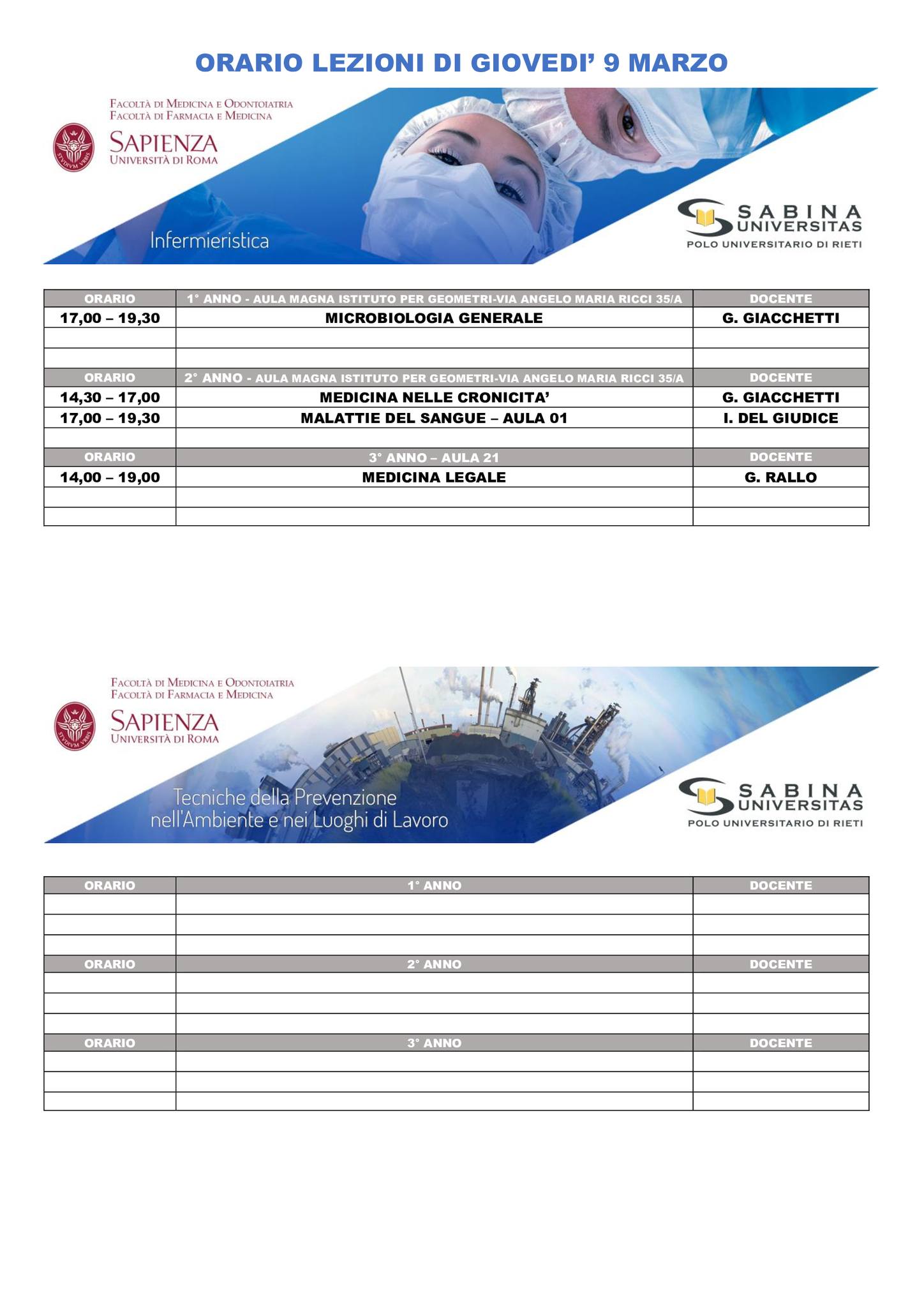 Professioni Sanitarie: orario lezioni di giovedì 9 marzo