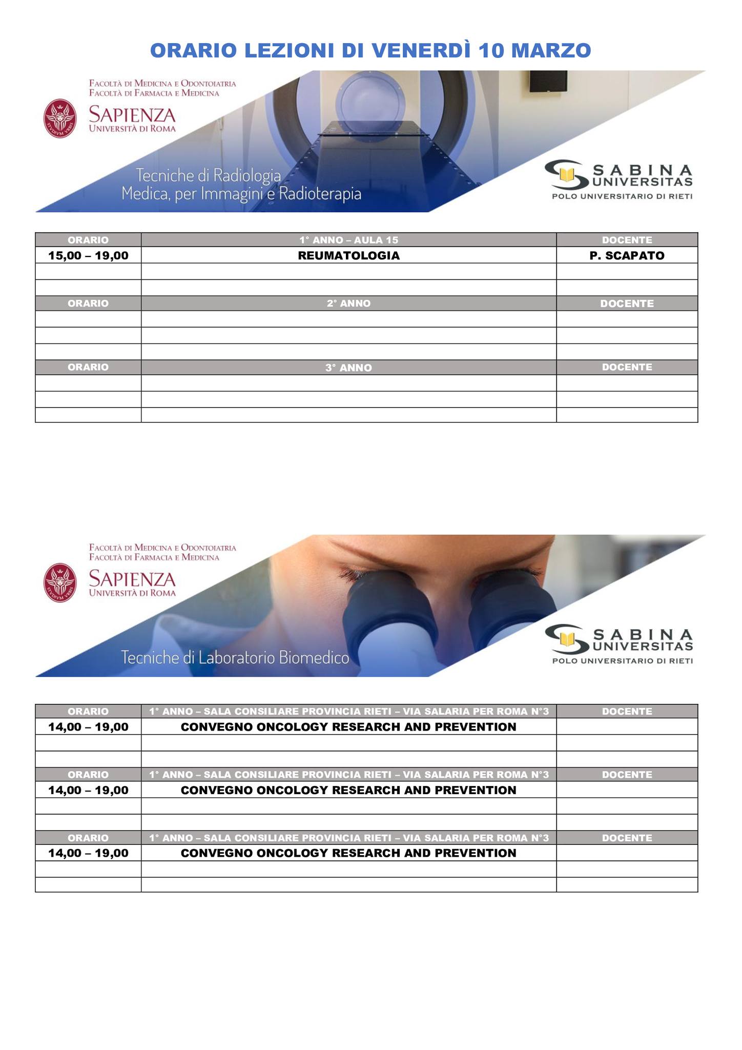 Professioni Sanitarie: orario lezioni di venerdì 10 marzo