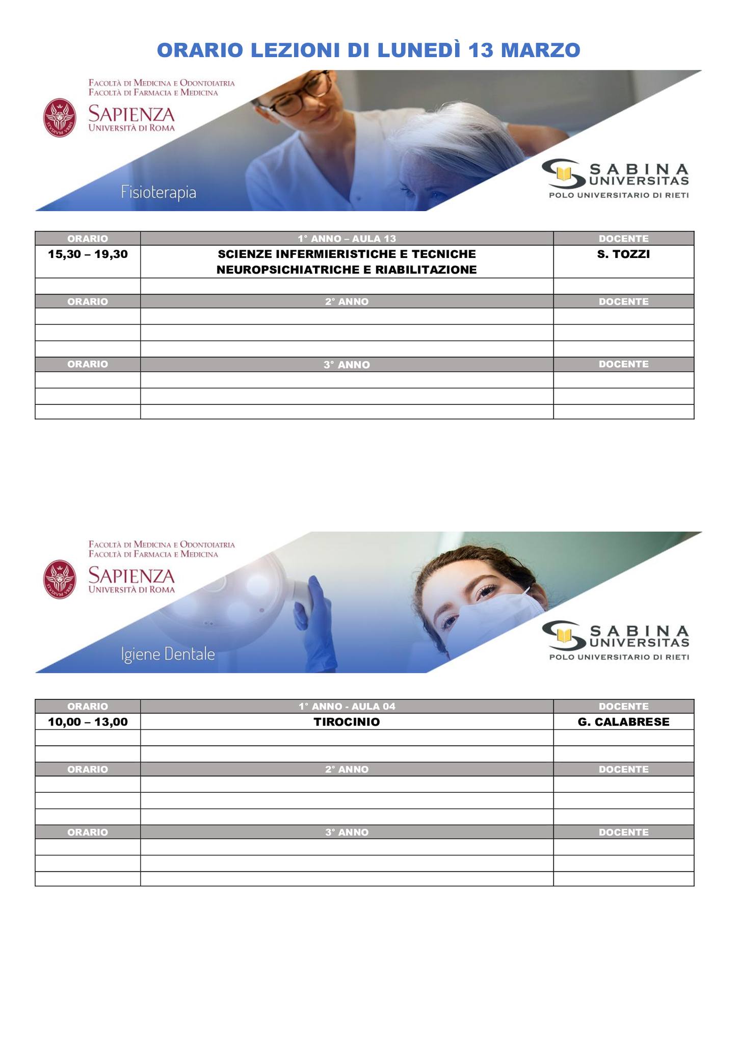 Professioni Sanitarie: orario lezioni di lunedì 13 marzo