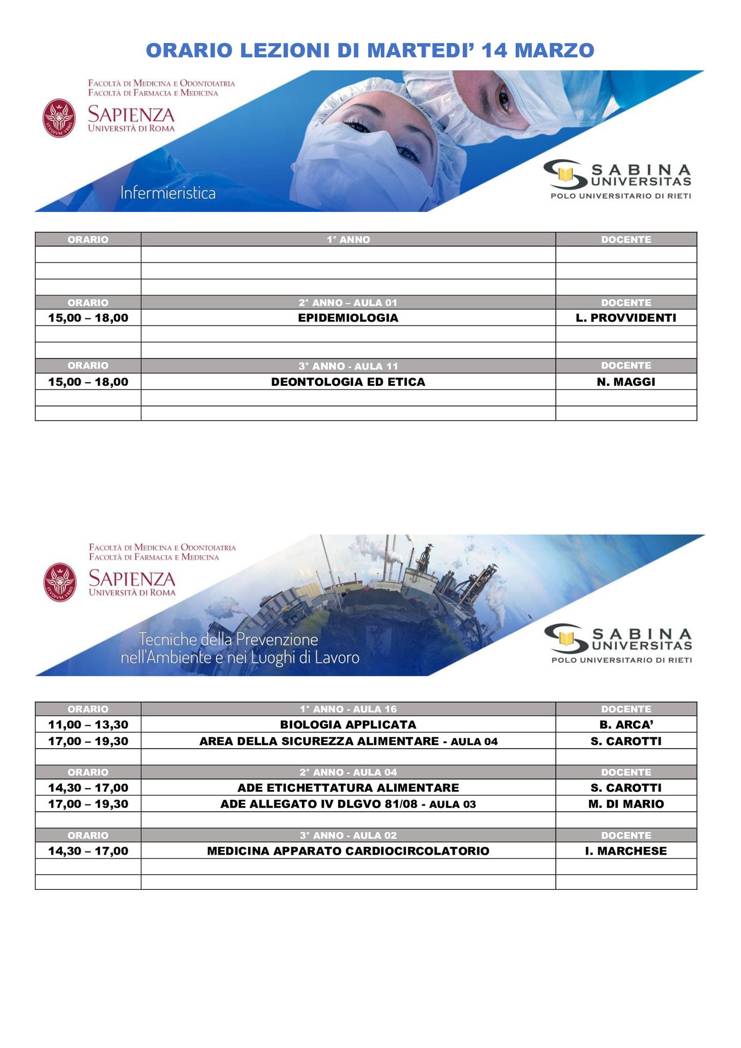 Professioni Sanitarie: orario lezioni di martedì 14 marzo