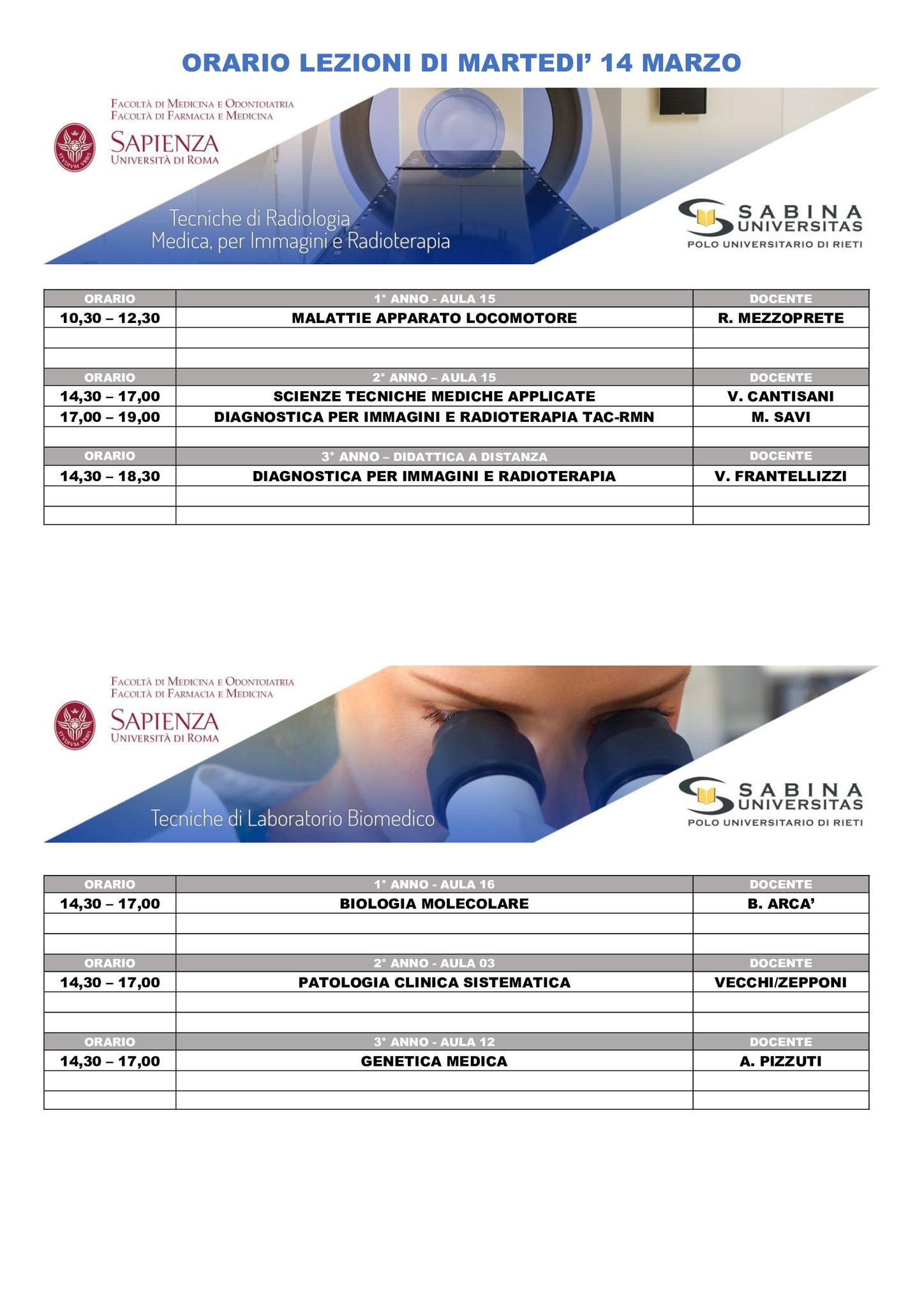 Professioni Sanitarie: orario lezioni di martedì 14 marzo