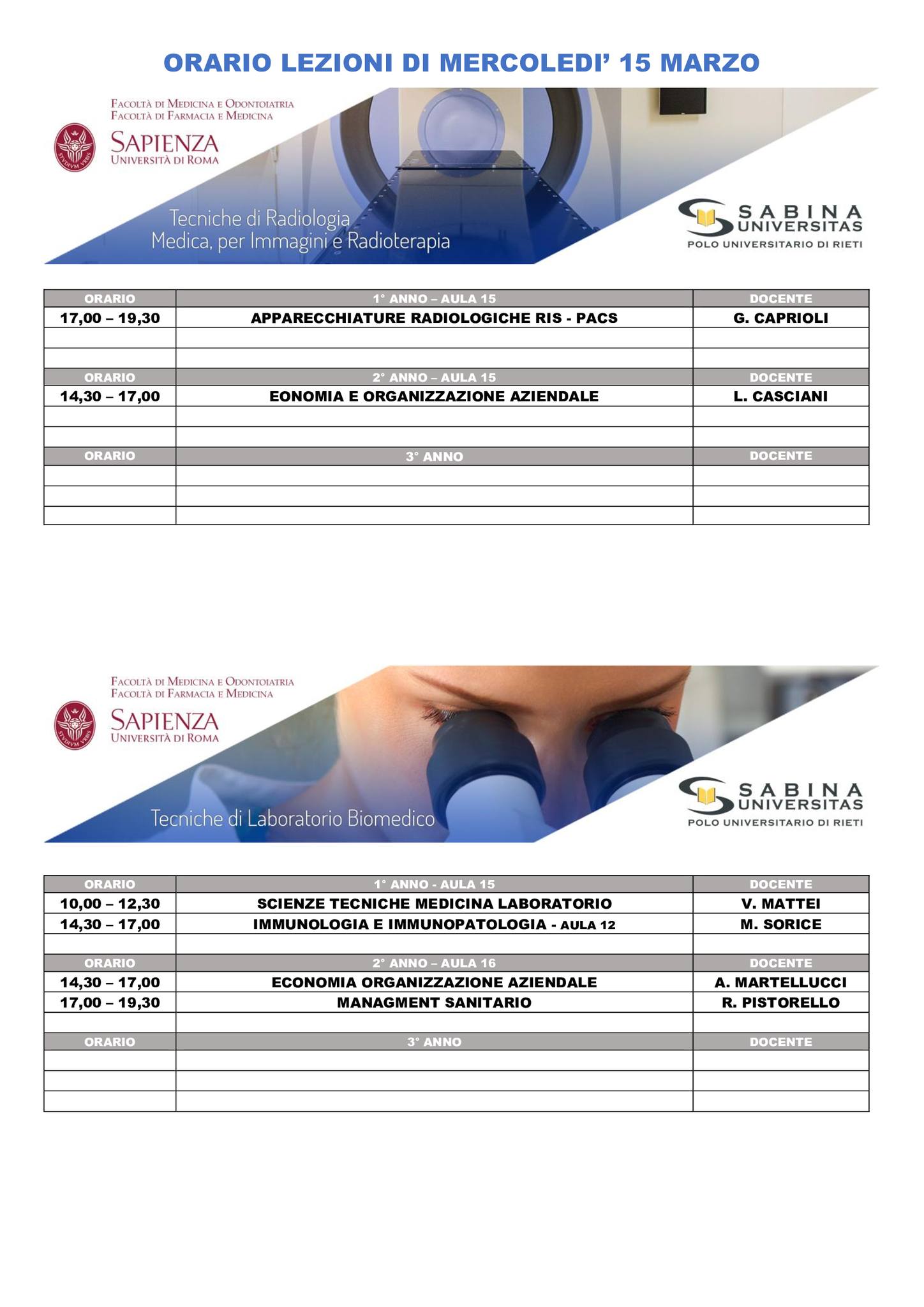 Professioni Sanitarie: orario lezioni di mercoledì 15 marzo