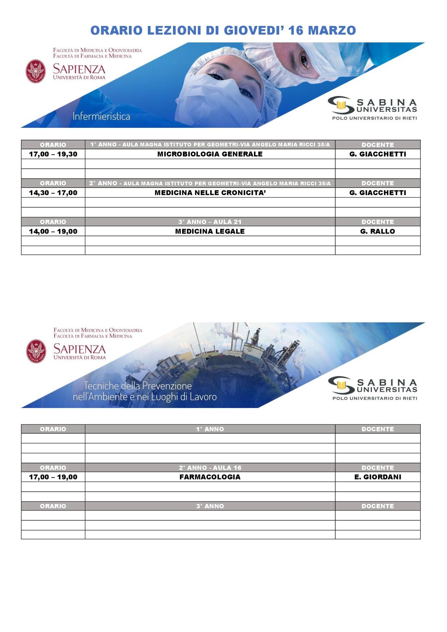 Professioni Sanitarie: orario lezioni di giovedì 16 marzo