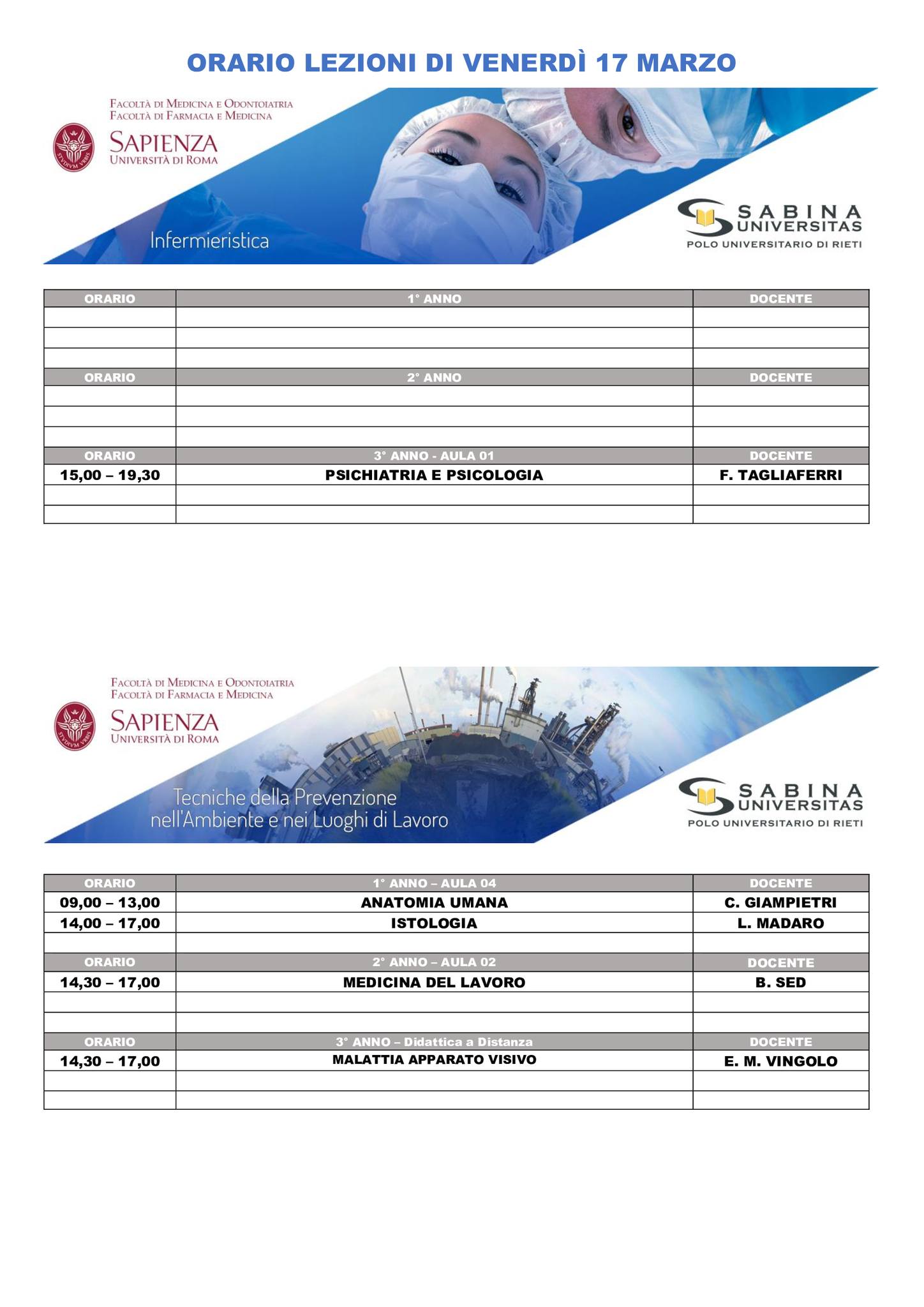 Professioni Sanitarie: orario lezioni di venerdì 17 marzo