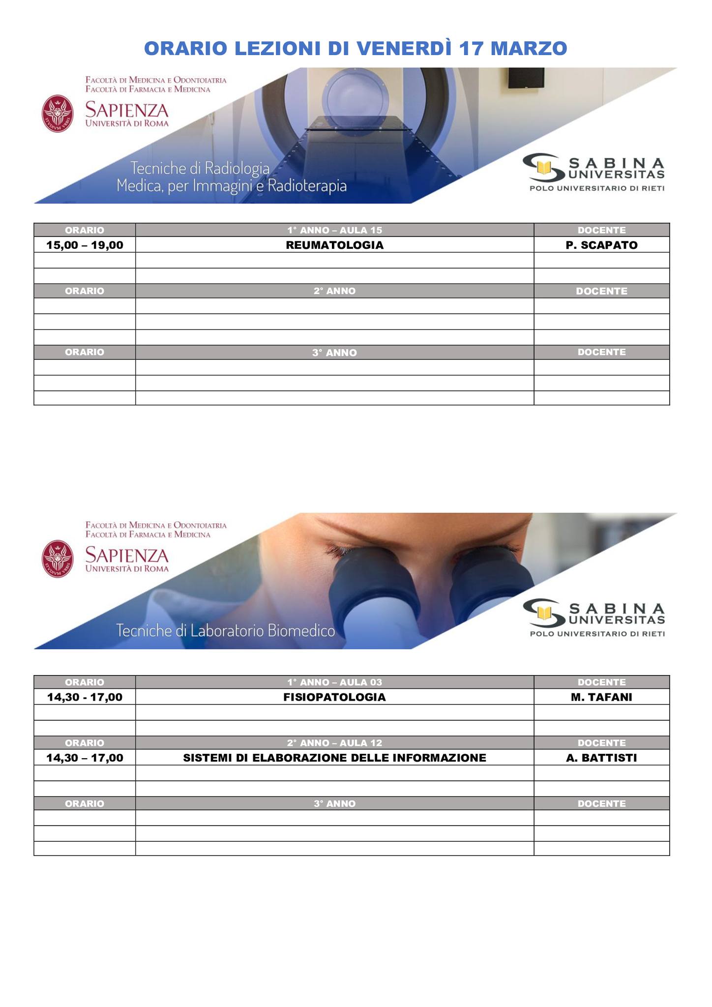 Professioni Sanitarie: orario lezioni di venerdì 17 marzo