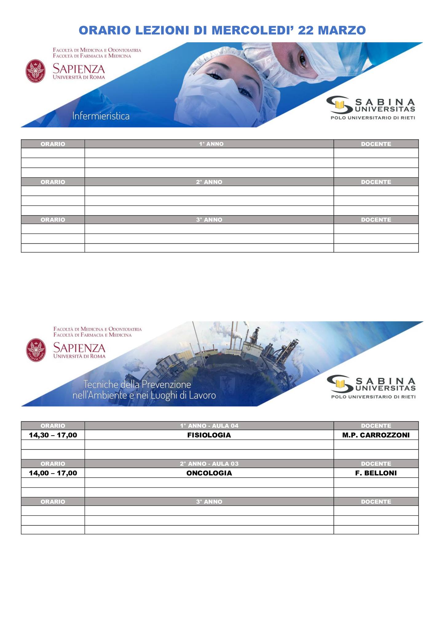 Professioni Sanitarie: orario lezioni di mercoledì 22 marzo