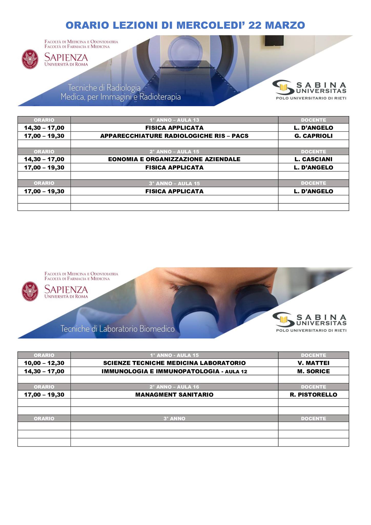 Professioni Sanitarie: orario lezioni di mercoledì 22 marzo