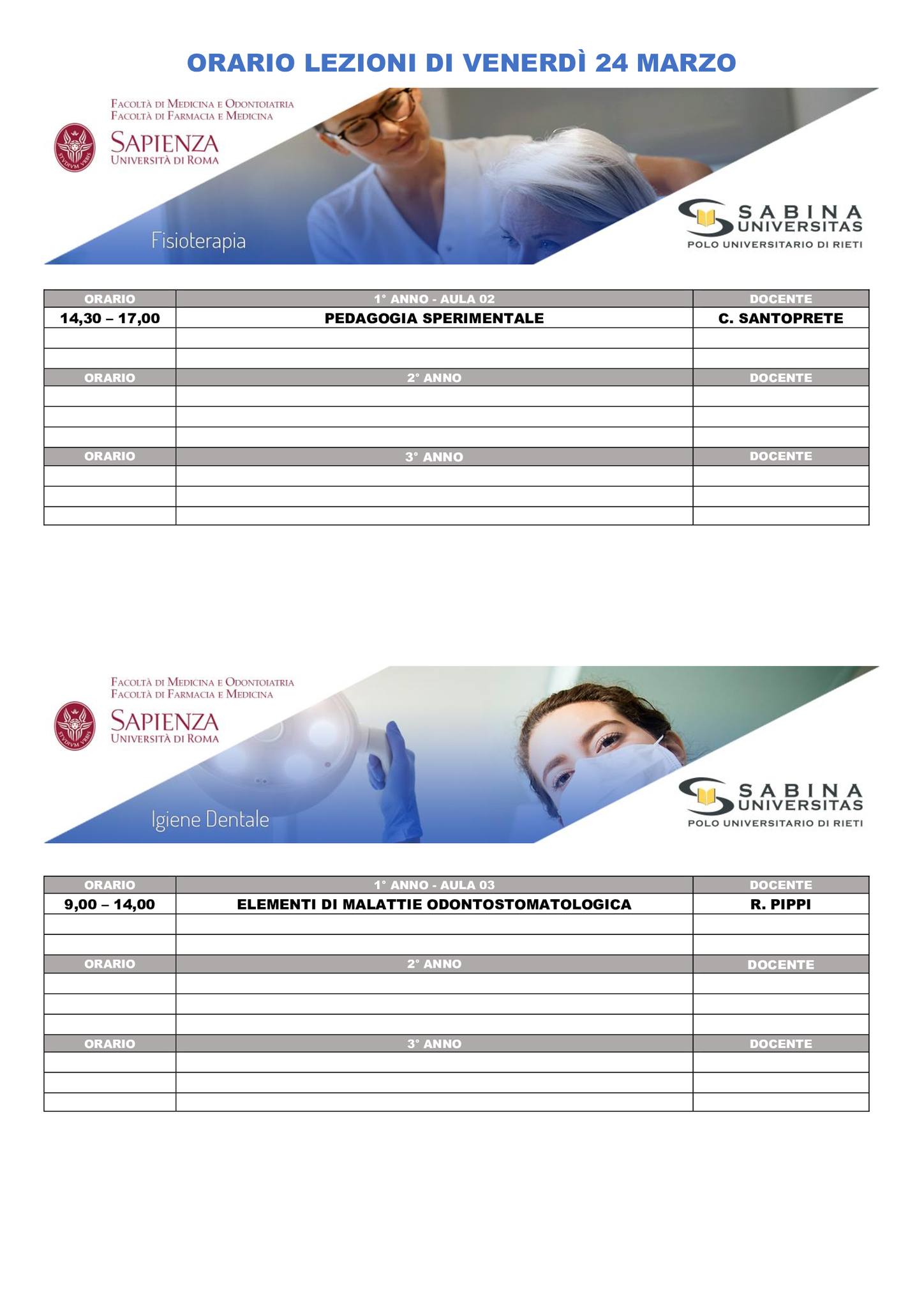 Professioni Sanitarie: orario lezioni di venerdì 24 marzo