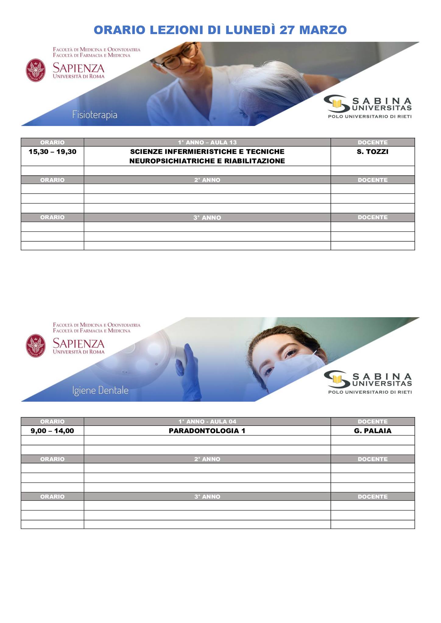 Professioni Sanitarie: orario lezioni di lunedì 27 marzo