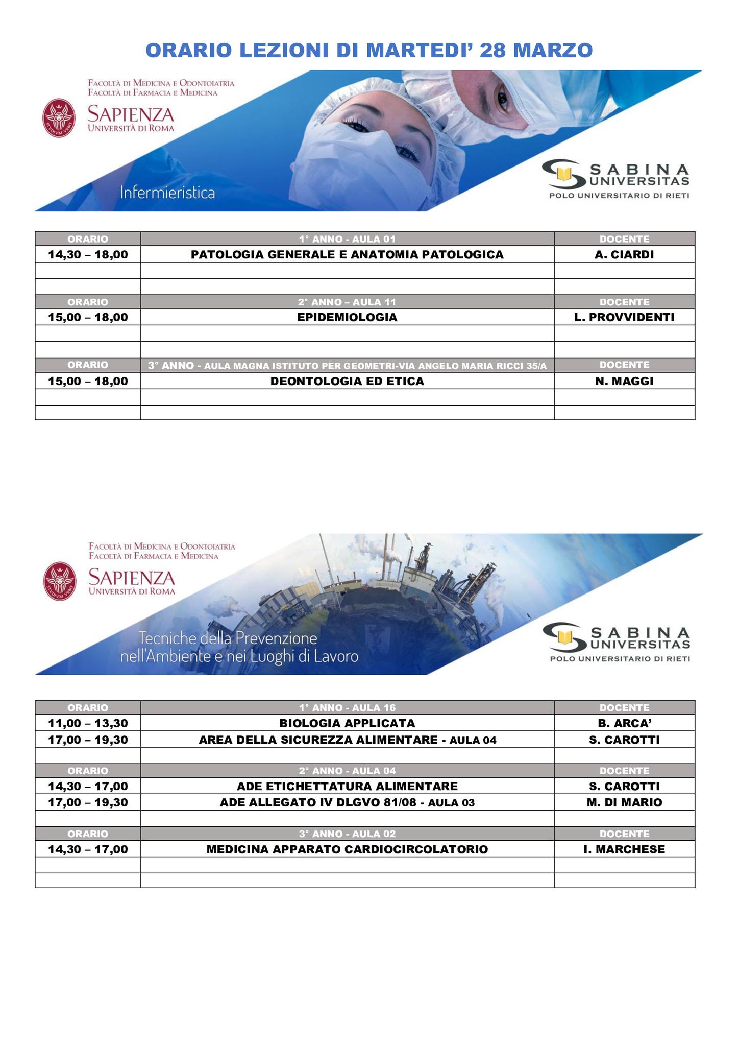 Professioni Sanitarie: orario lezioni di martedì 28 marzo
