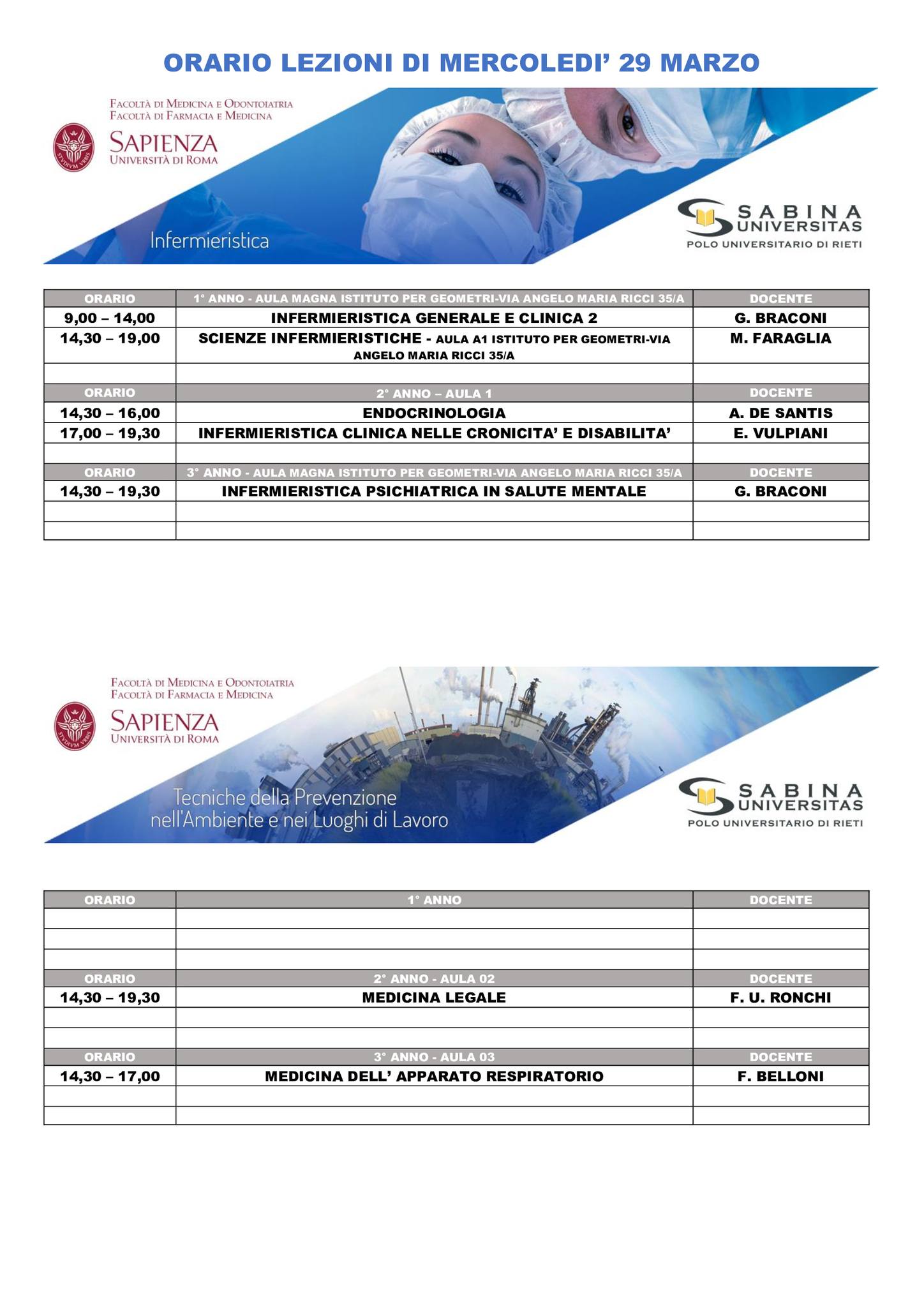 Professioni Sanitarie: orario lezioni di mercoledì 29 marzo