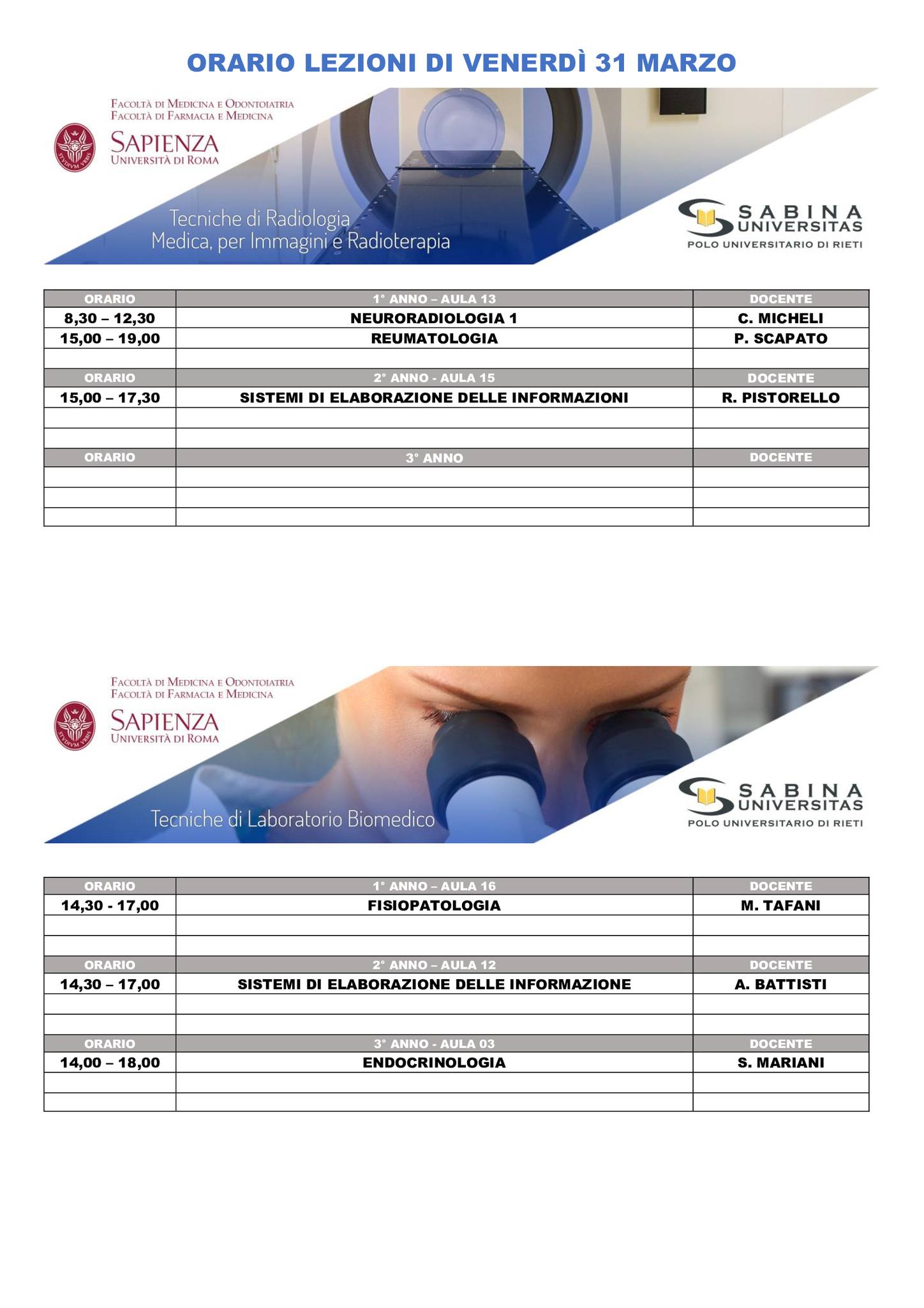 Professioni Sanitarie: orario lezioni di venerdì 31 marzo