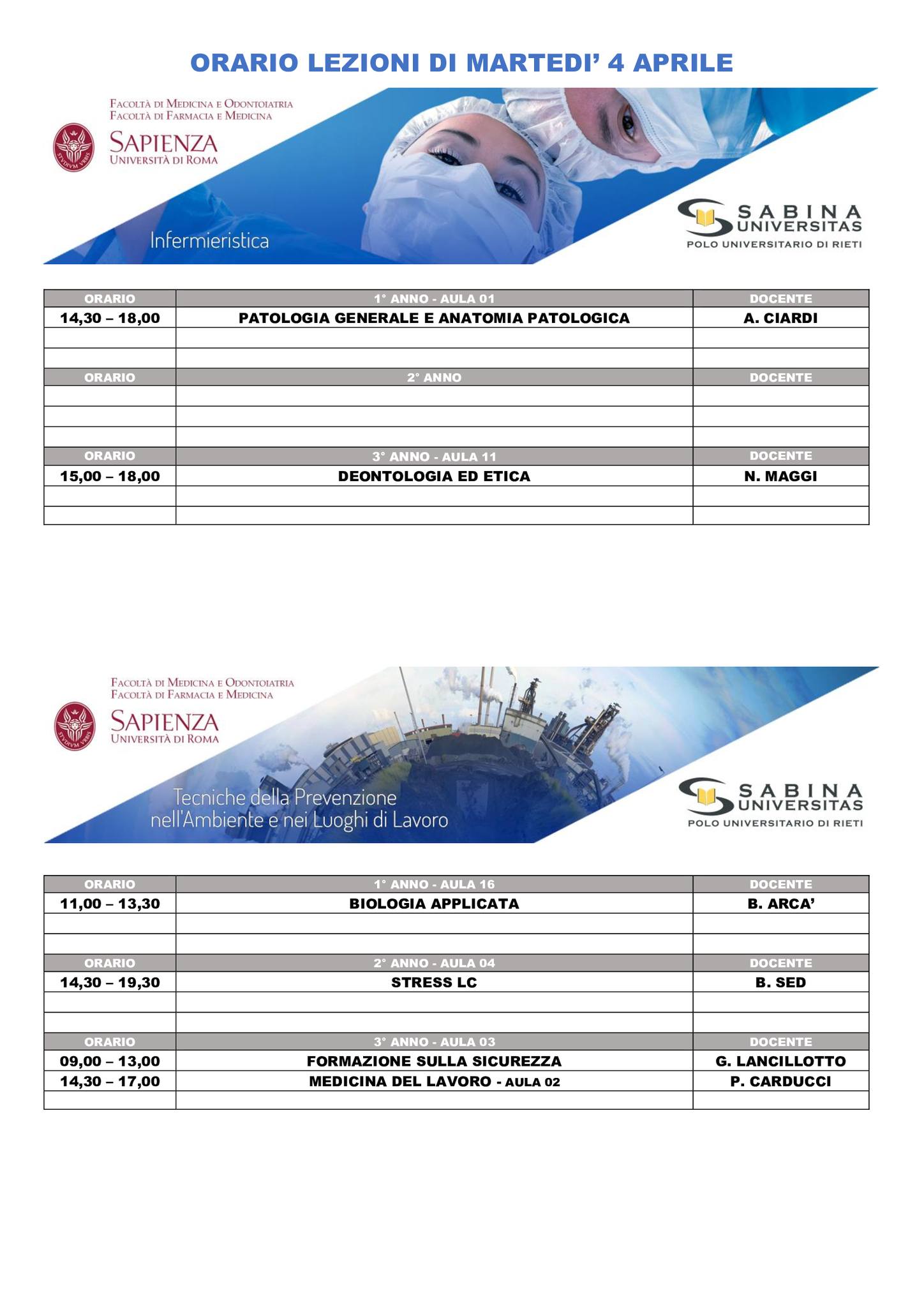 Professioni Sanitarie: orario lezioni di martedì 4 aprile