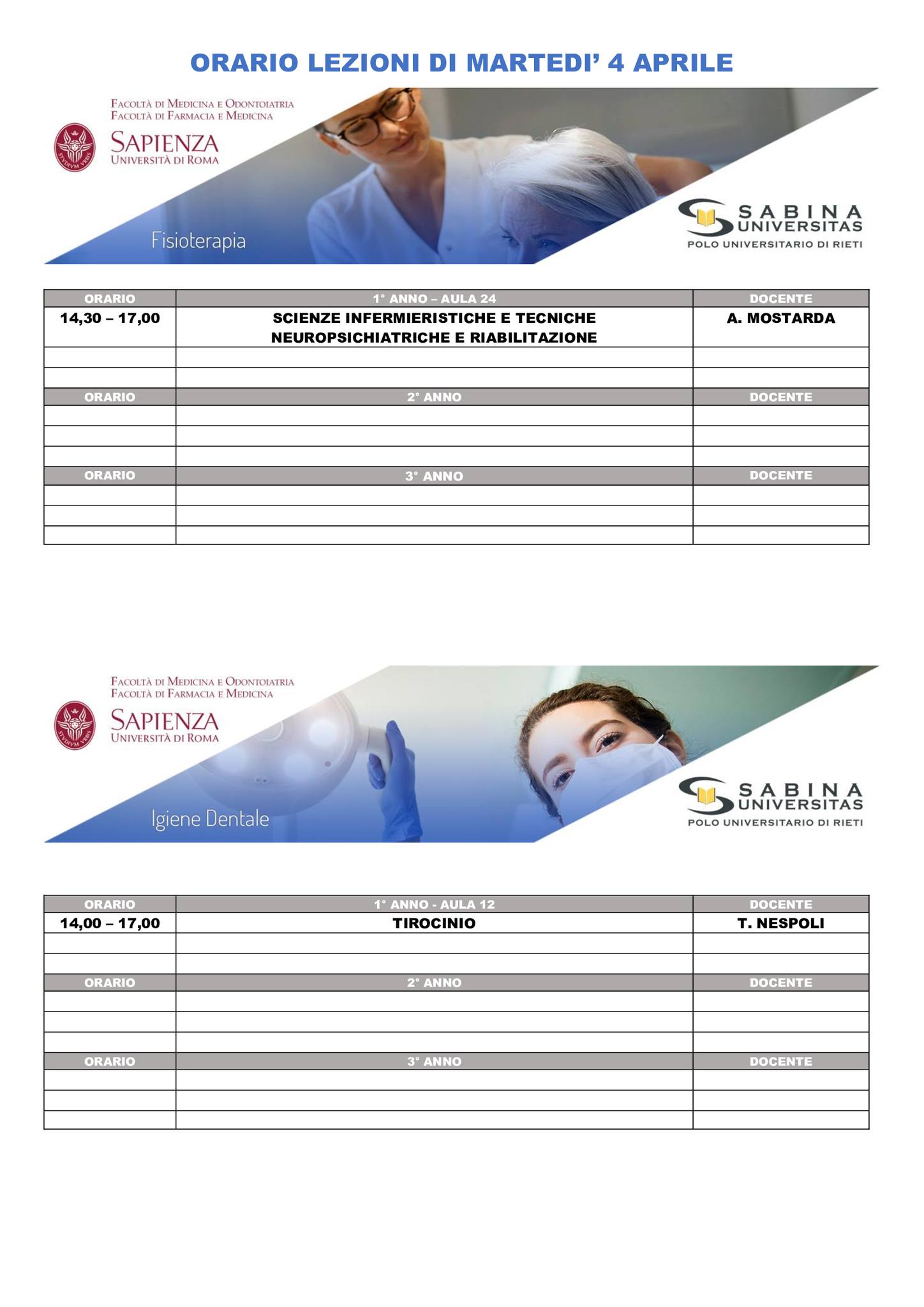 Professioni Sanitarie: orario lezioni di martedì 4 aprile