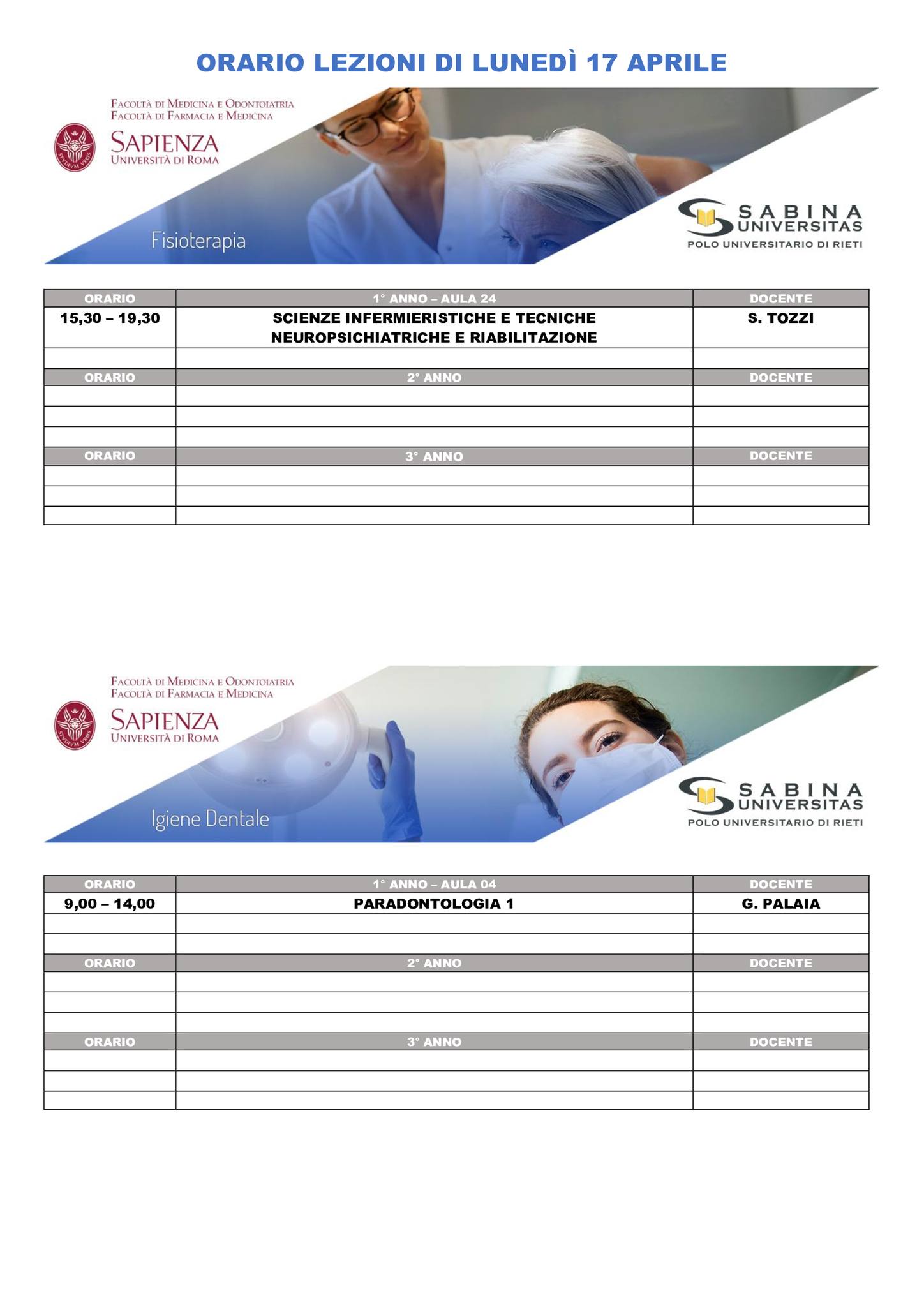 Professioni Sanitarie: orario lezioni di lunedì 17 aprile