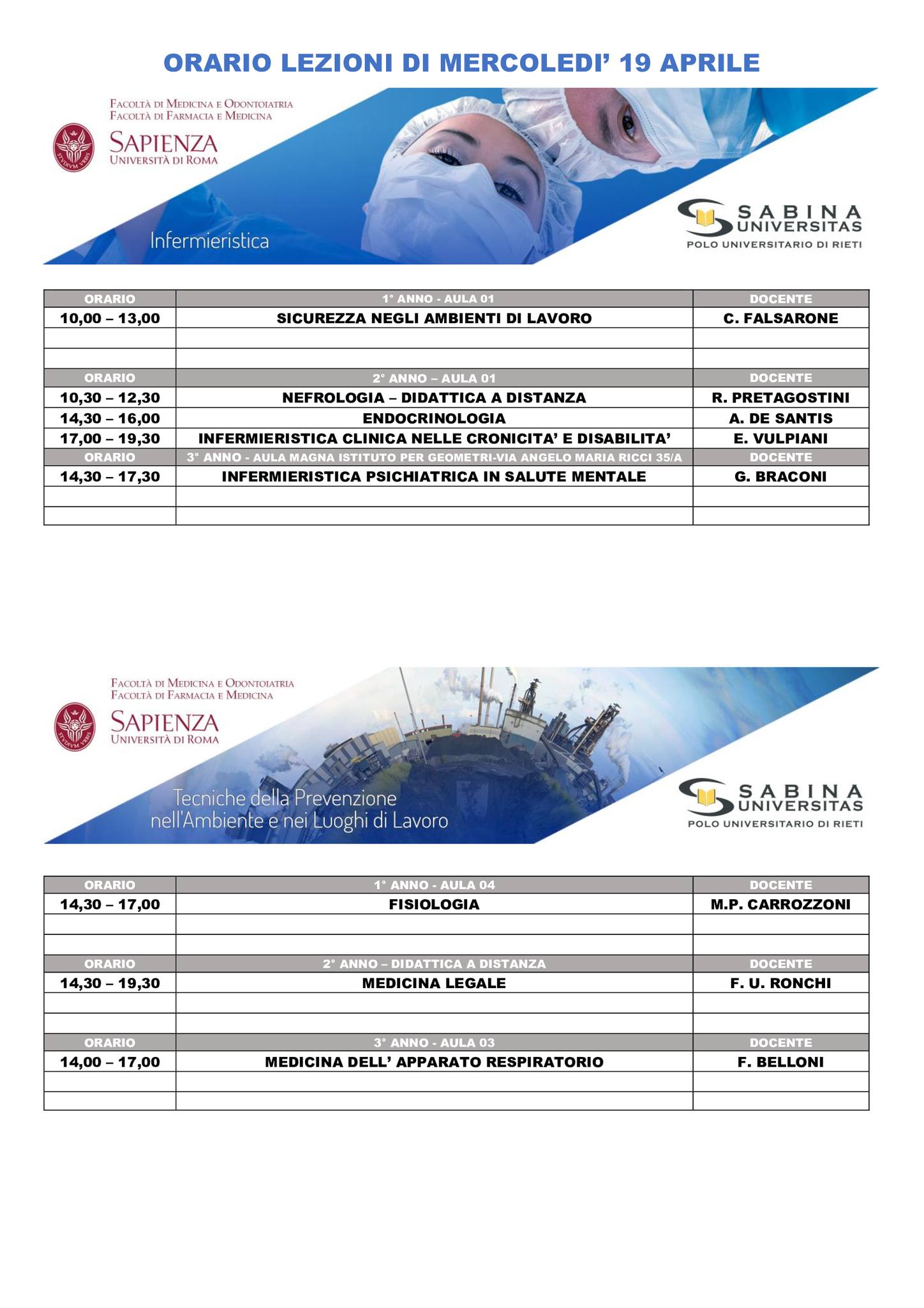 Professioni Sanitarie: orario lezioni di mercoledì 19 aprile