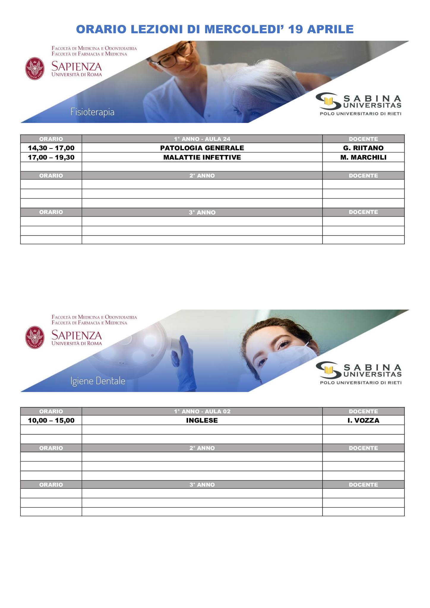 Professioni Sanitarie: orario lezioni di mercoledì 19 aprile