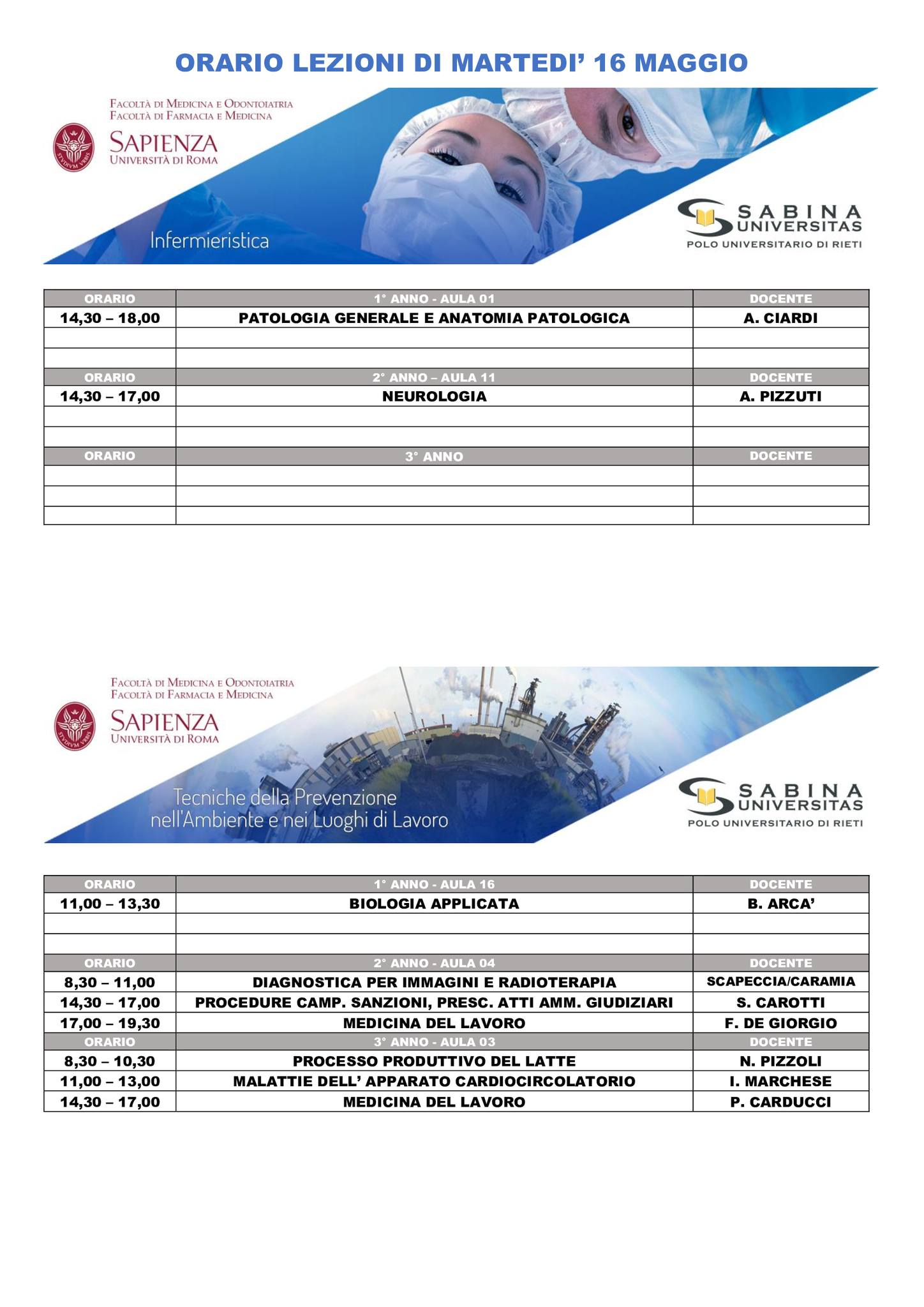 Professioni Sanitarie: orario lezioni di martedì 16 maggio