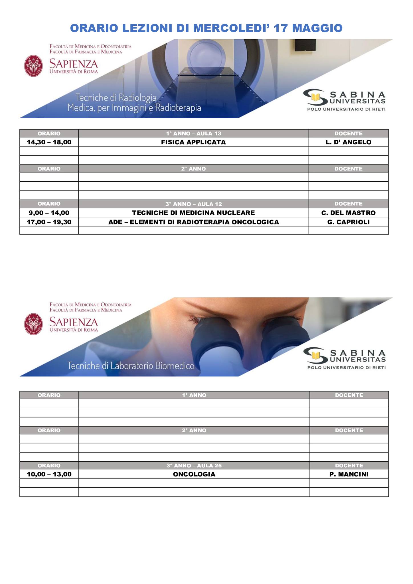 Professioni Sanitarie: orario lezioni di mercoledì 17 maggio