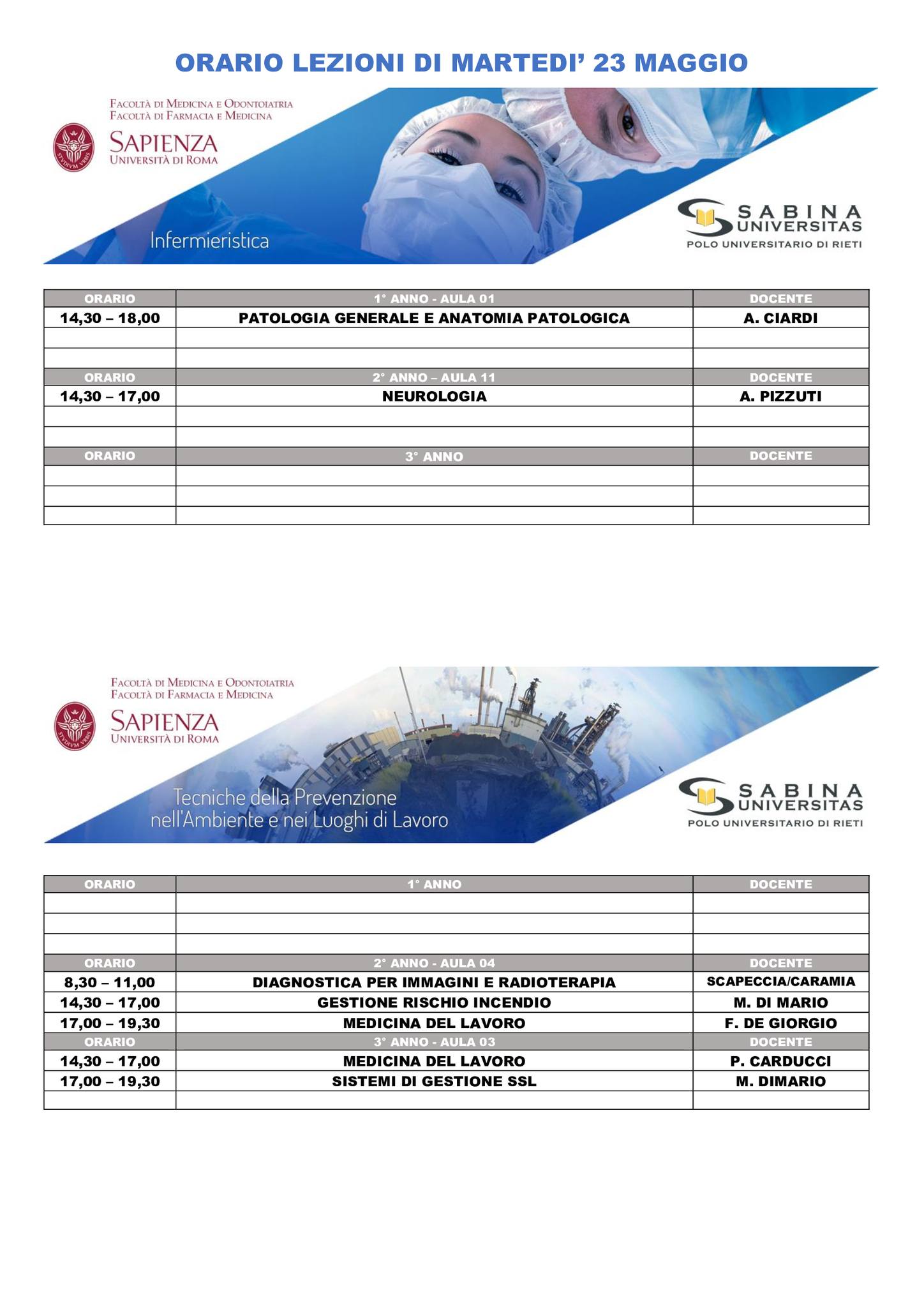Professioni Sanitarie: orario lezioni di martedì 23 maggio