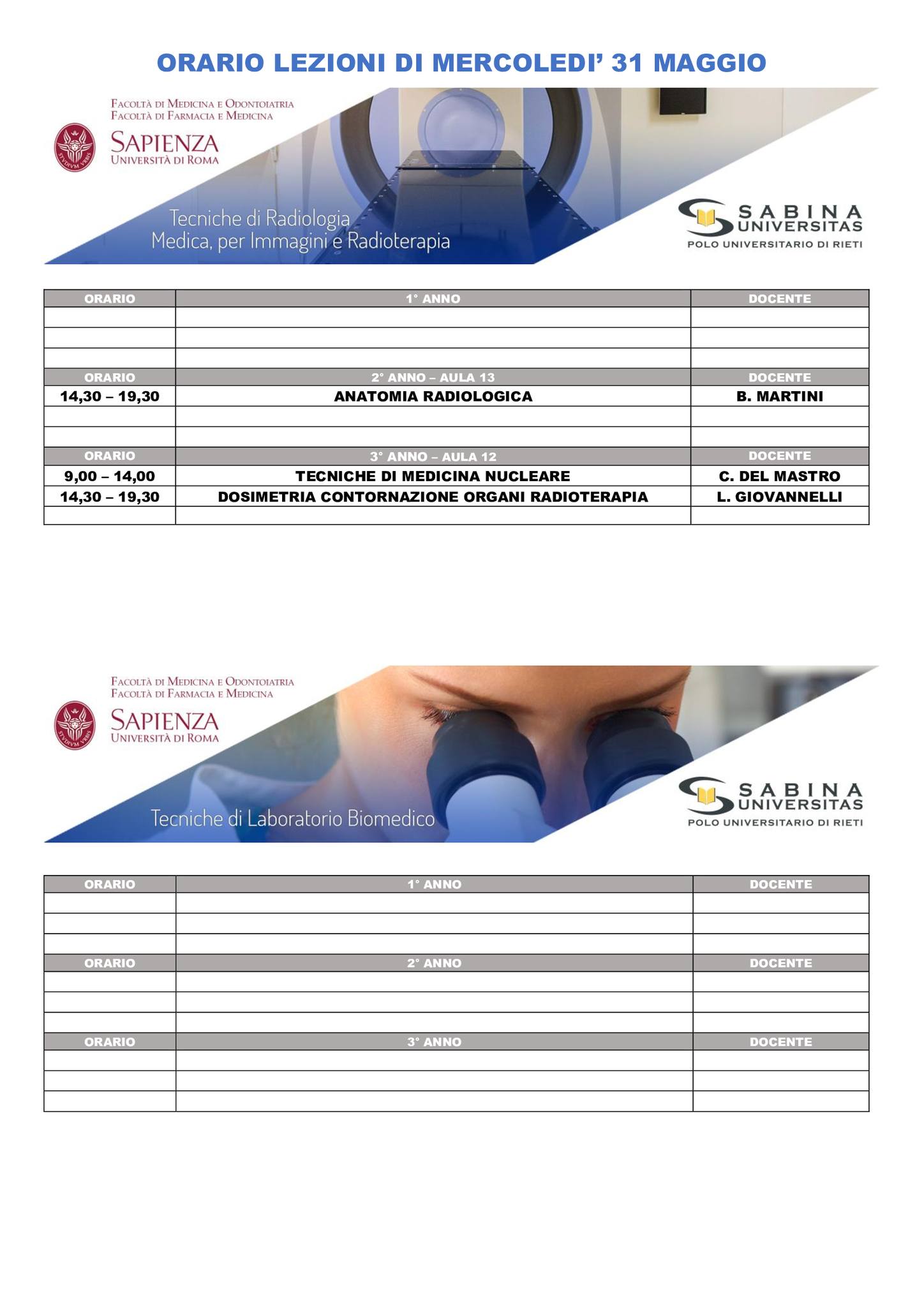 Professioni Sanitarie: orario lezioni di mercoledì 31 maggio