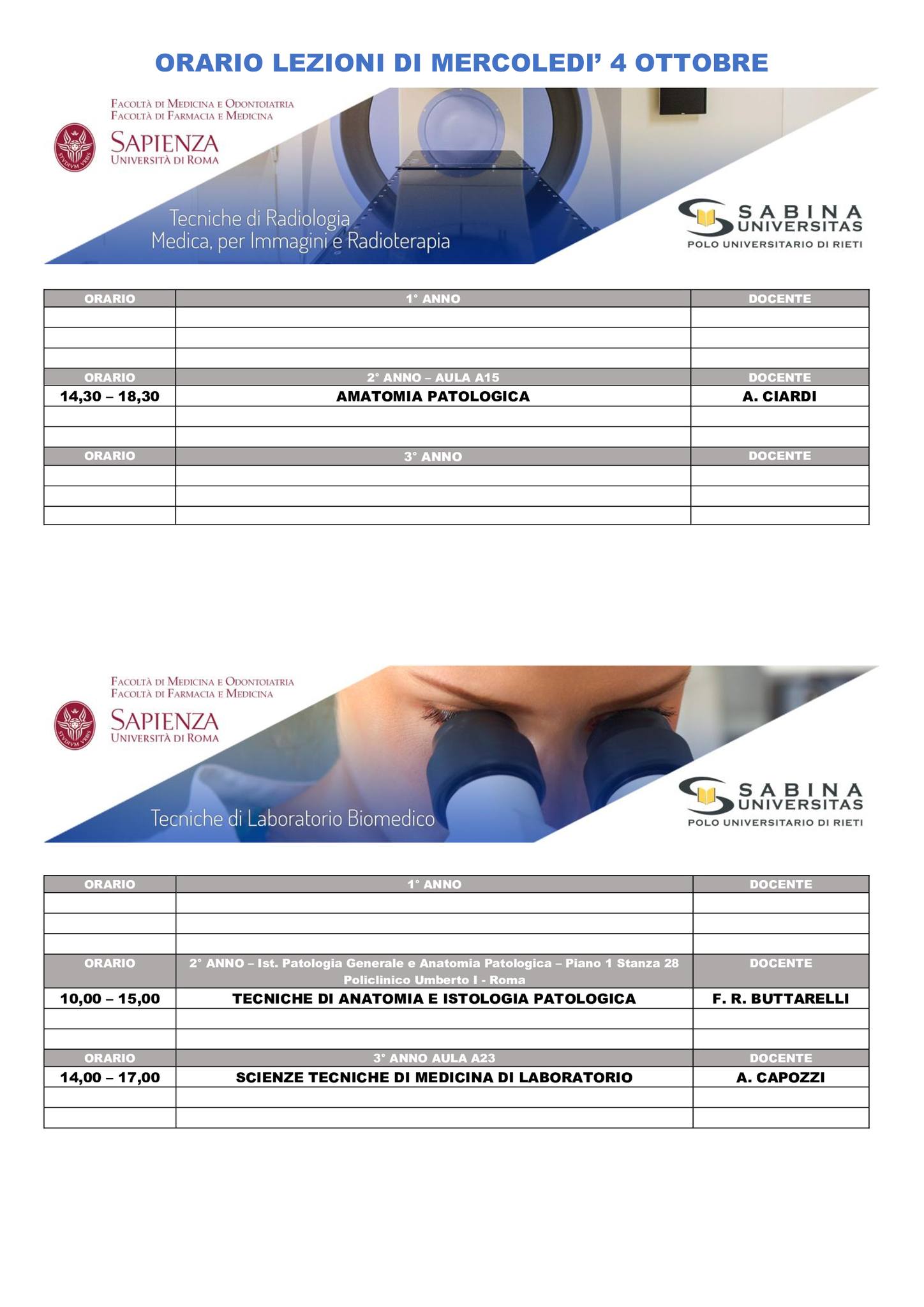 Professioni Sanitarie: orario lezioni di mercoledì 4 ottobre