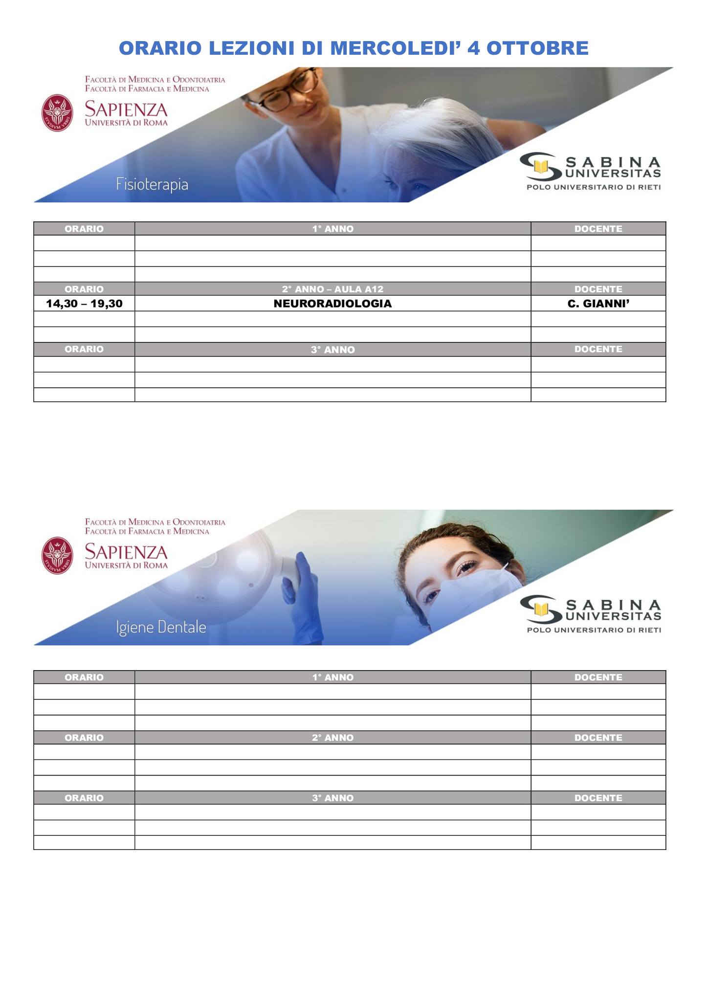 Professioni Sanitarie: orario lezioni di mercoledì 4 ottobre