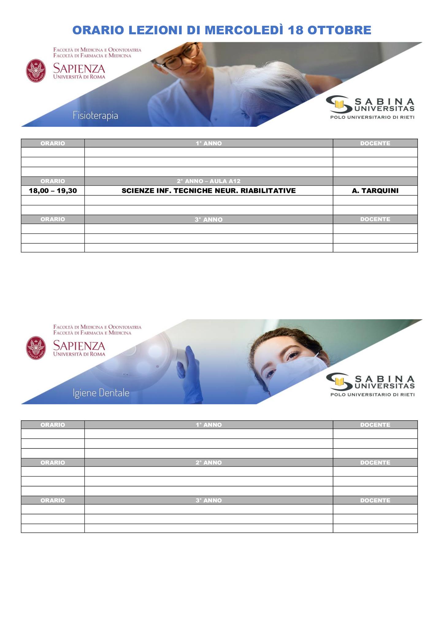 Professioni Sanitarie: orario lezioni di mercoledì 18 ottobre