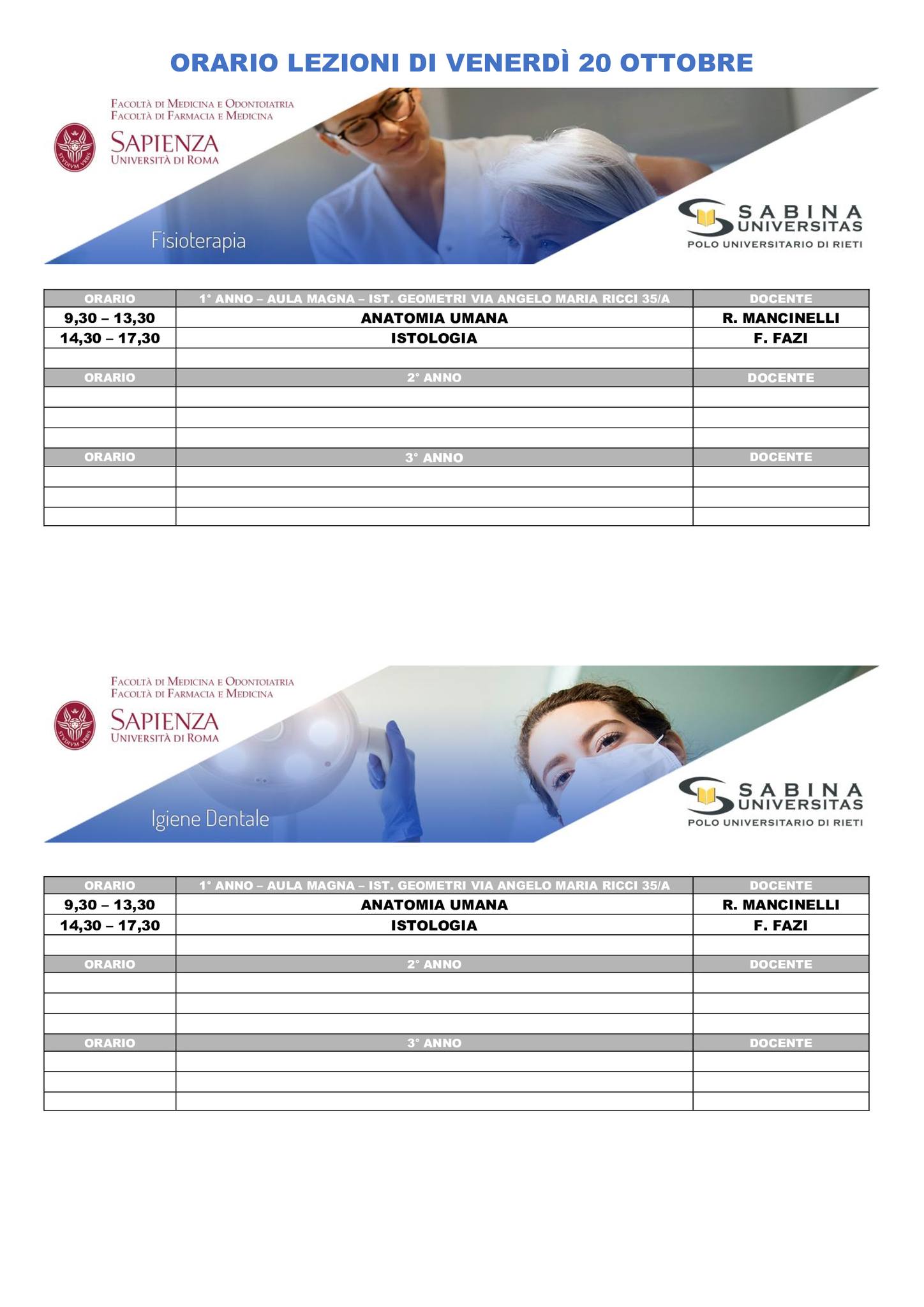 Professioni Sanitarie: orario lezioni di venerdì 20 ottobre