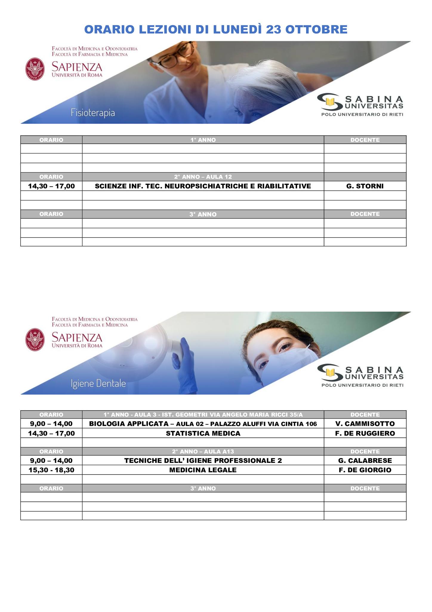 Professioni Sanitarie: orario lezioni di lunedì 23 ottobre