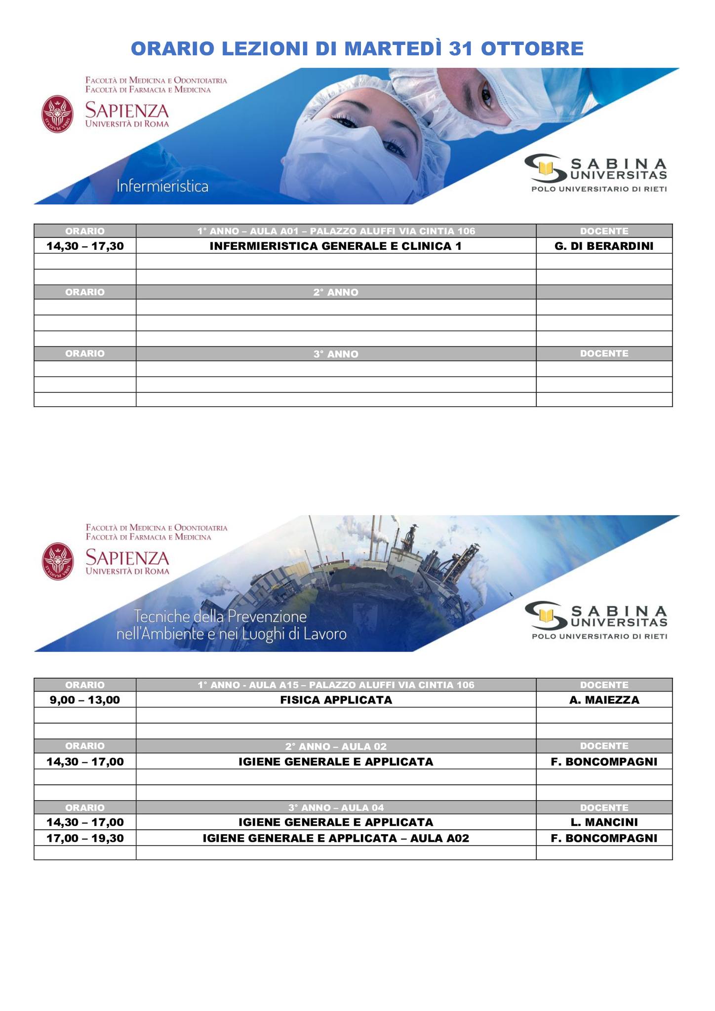 Professioni Sanitarie: orario lezioni di martedì 31 ottobre