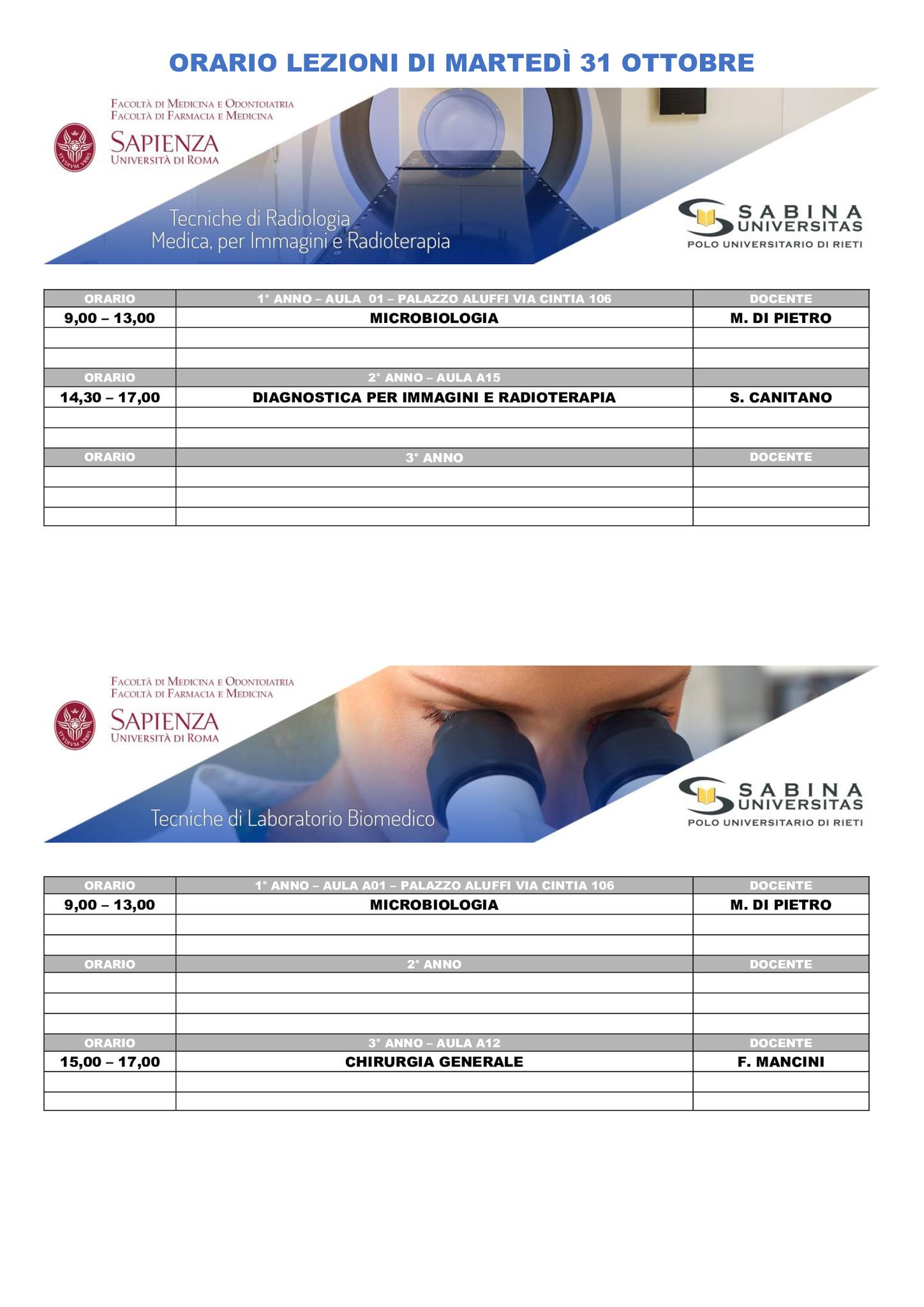 Professioni Sanitarie: orario lezioni di martedì 31 ottobre