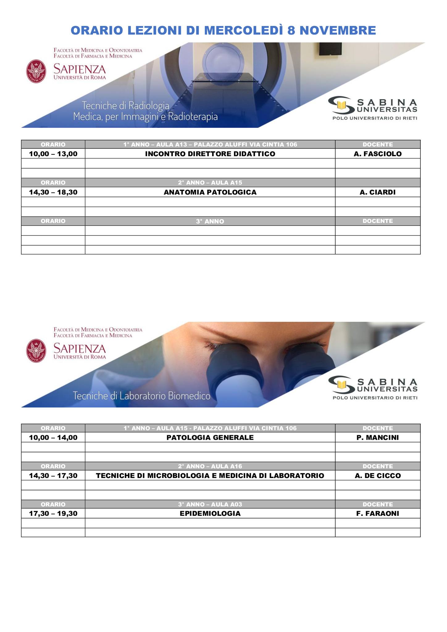 Professioni Sanitarie: orario lezioni di giovedì 8 novembre