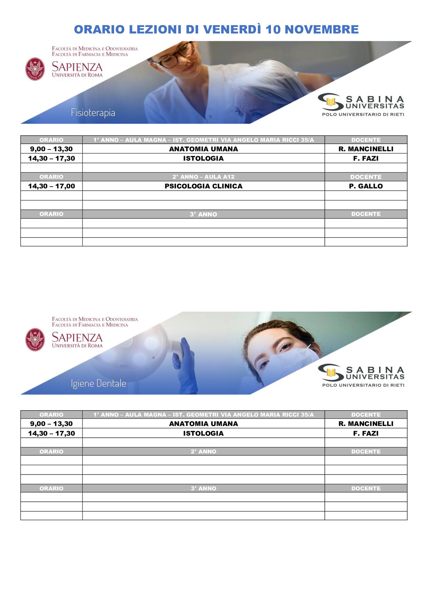 Professioni Sanitarie: orario lezioni di venerdì 10 novembre