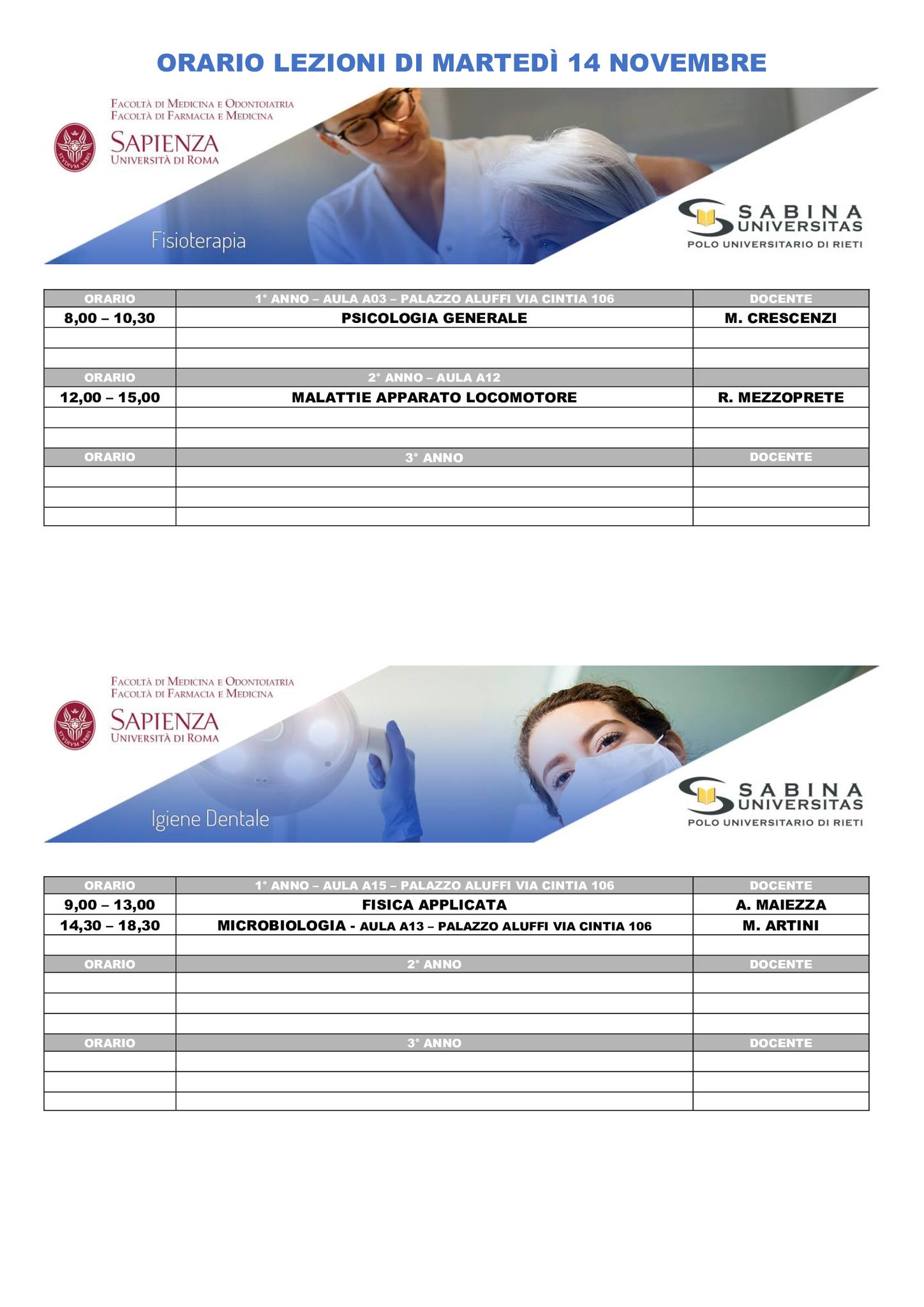 Professioni Sanitarie: orario lezioni di martedì 14 novembre