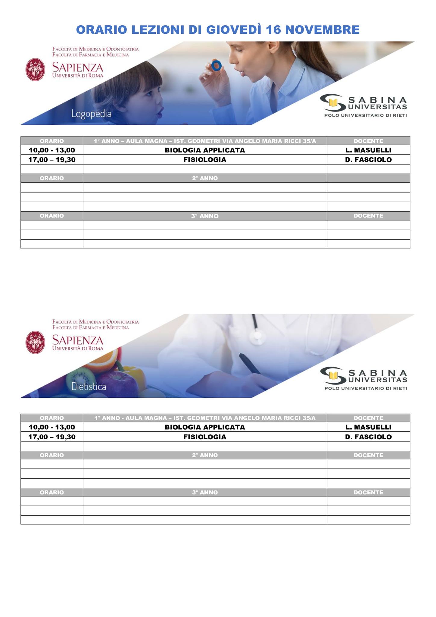 Professioni Sanitarie: orario lezioni di giovedì 16 novembre