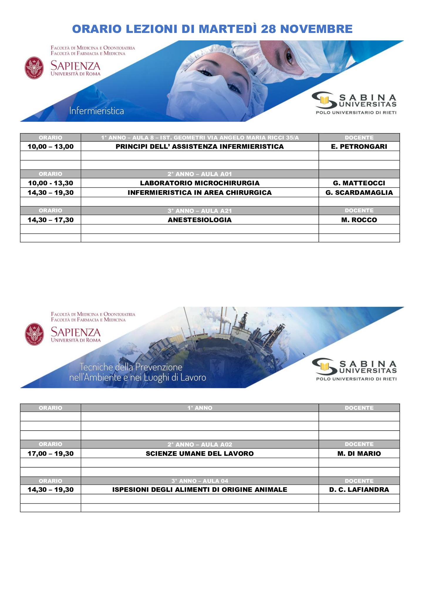 Professioni Sanitarie: orario lezioni di martedì 28 novembre