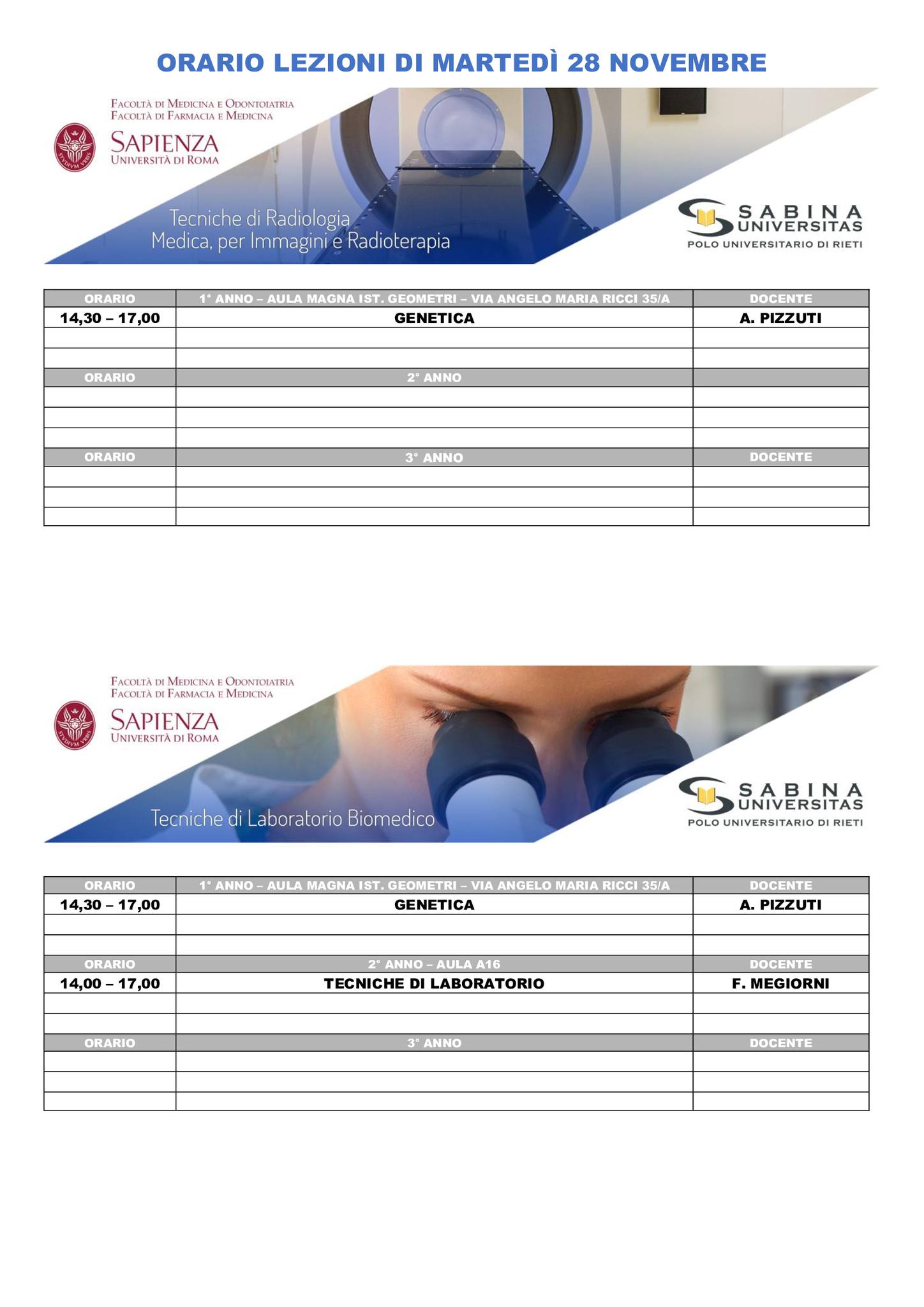 Professioni Sanitarie: orario lezioni di martedì 28 novembre