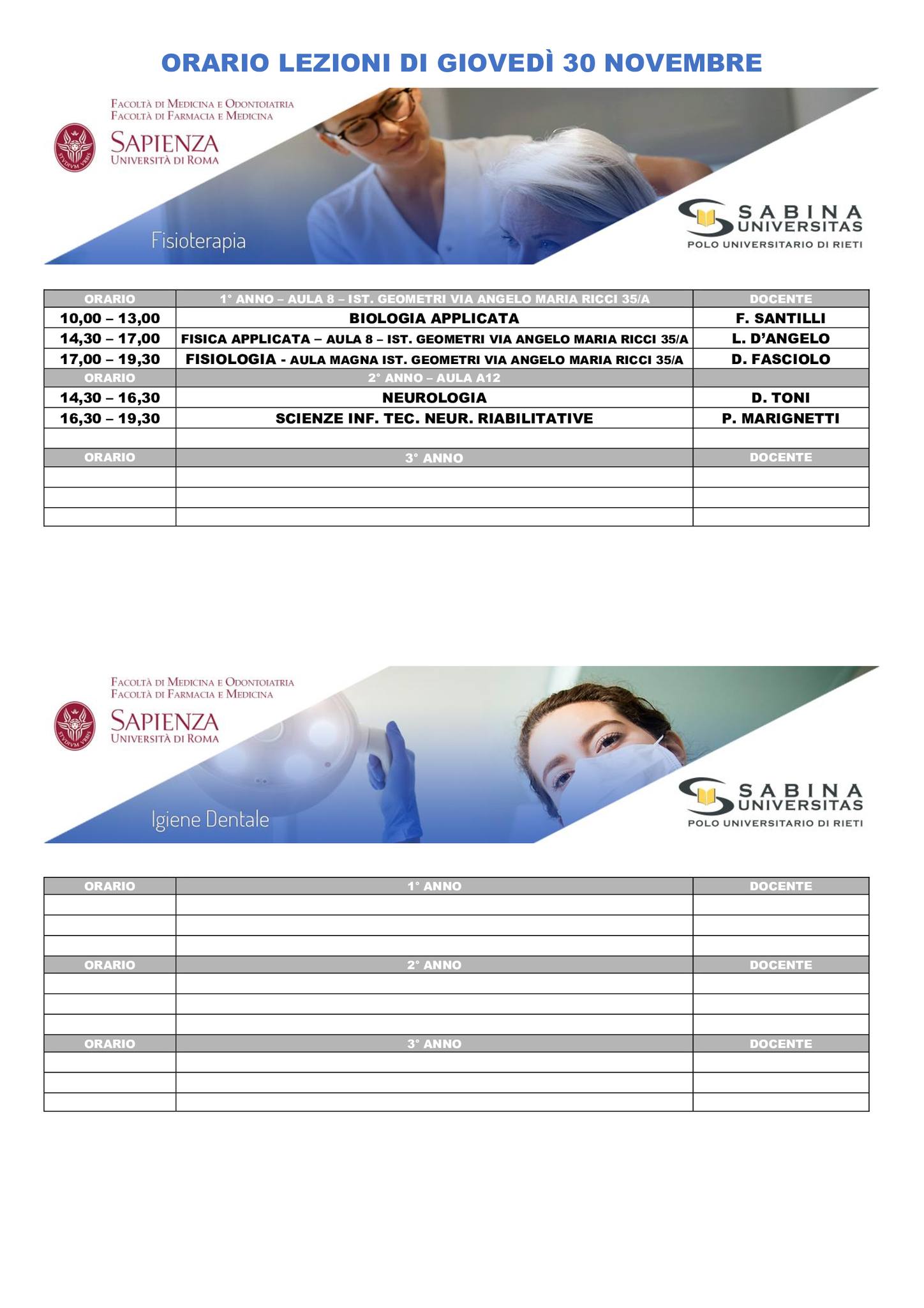 Professioni Sanitarie: orario lezioni di giovedì 30 novembre