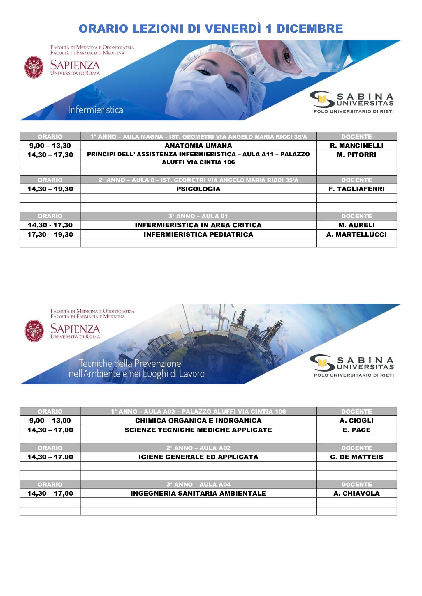 Professioni Sanitarie: orario lezioni di venerdì 1 dicembre